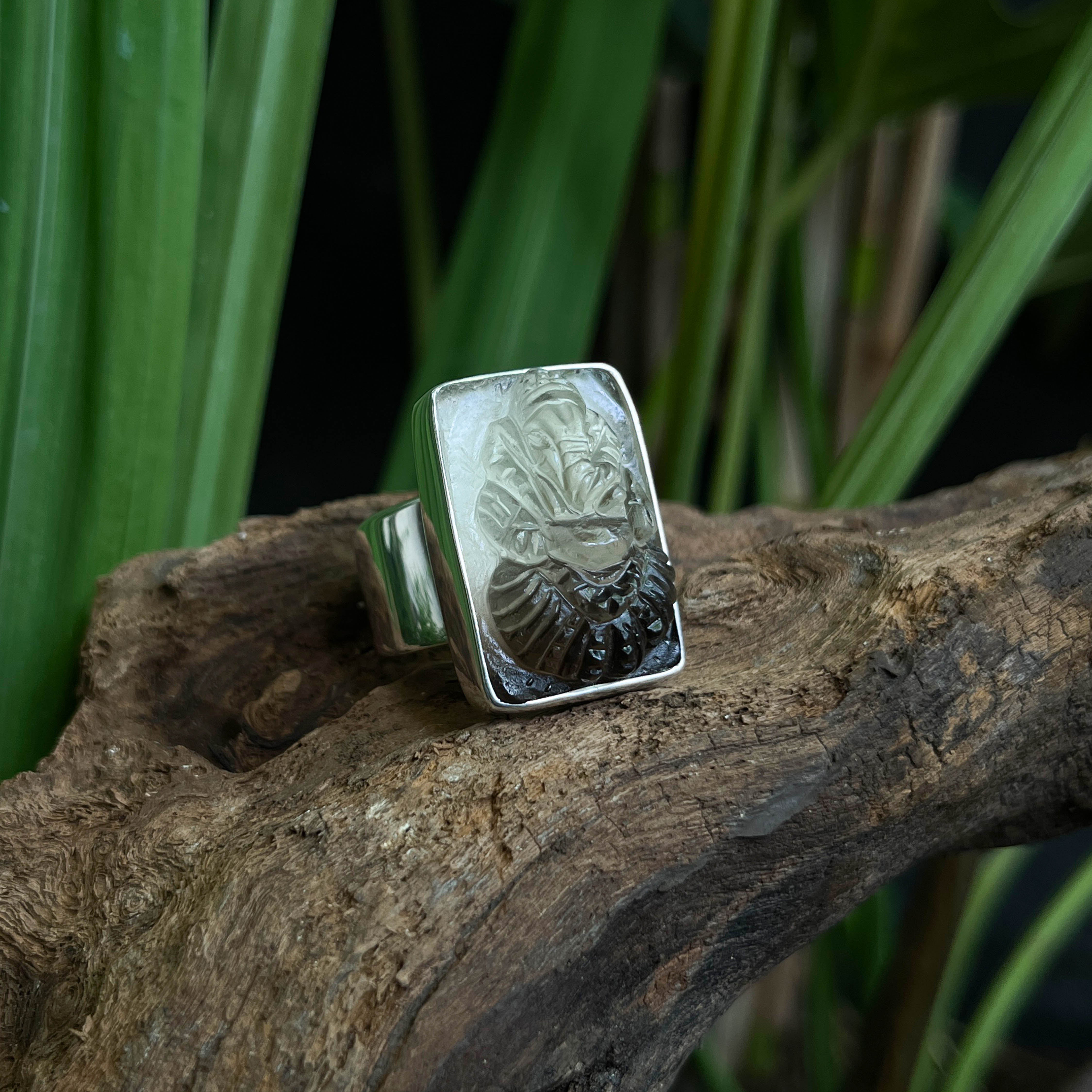 Starborn Hand-Carved Smokey Citrine Ganesha Rectangle Ring in Sterling Silver - Size 8