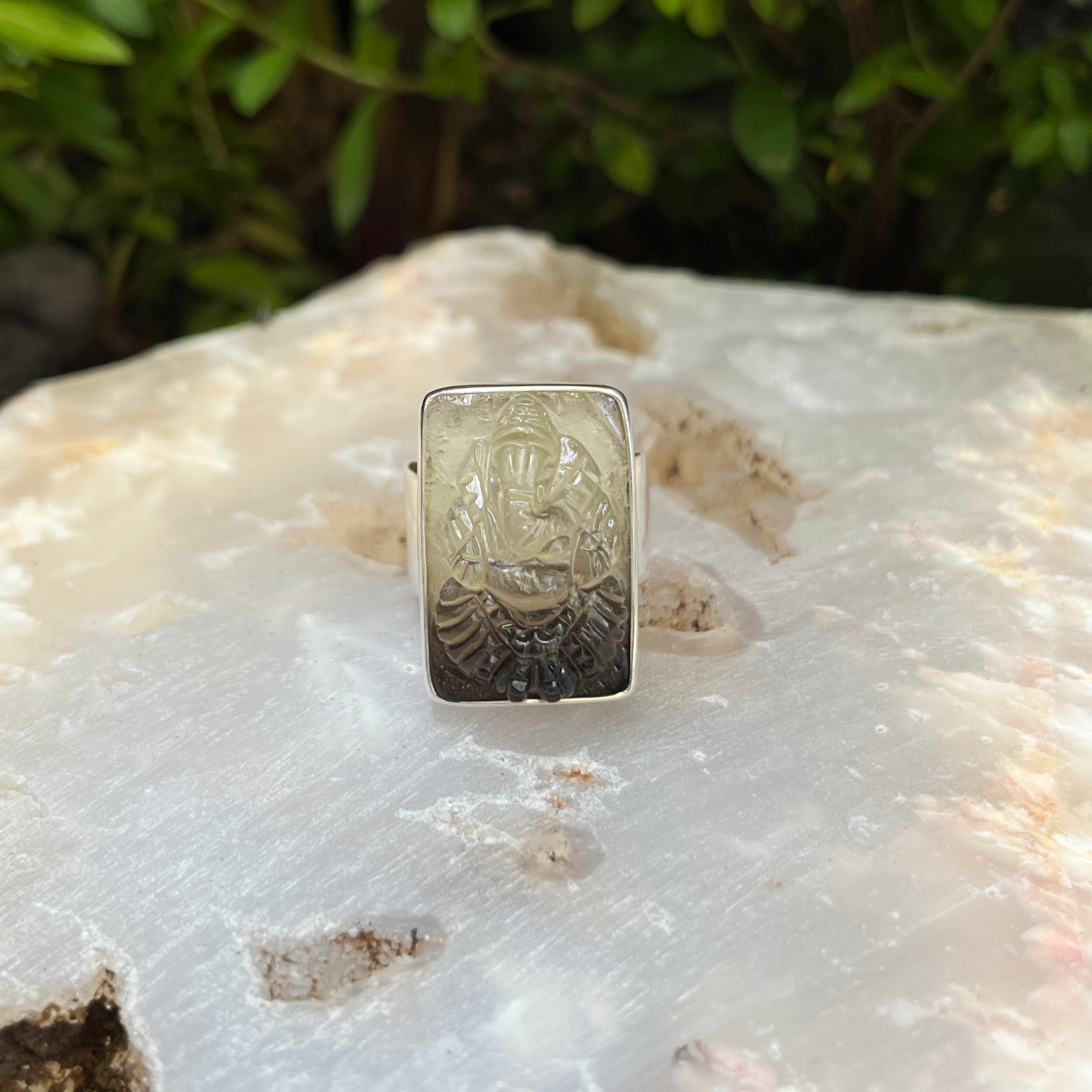 Starborn Hand-Carved Smokey Citrine Ganesha Rectangle Ring in Sterling Silver - Size 8