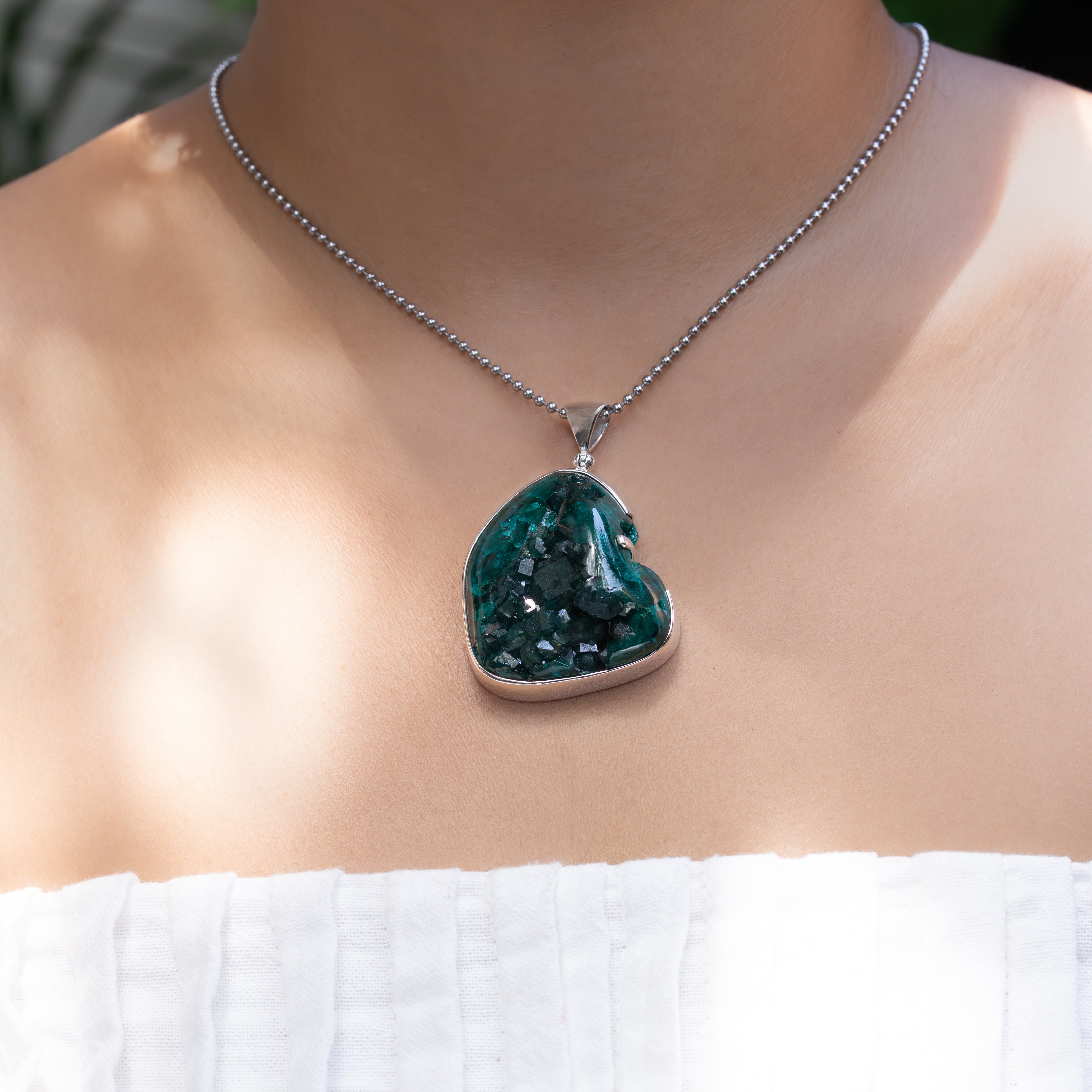 Starborn Dioptase Polished Geode Pendant in Fine Sterling Silver