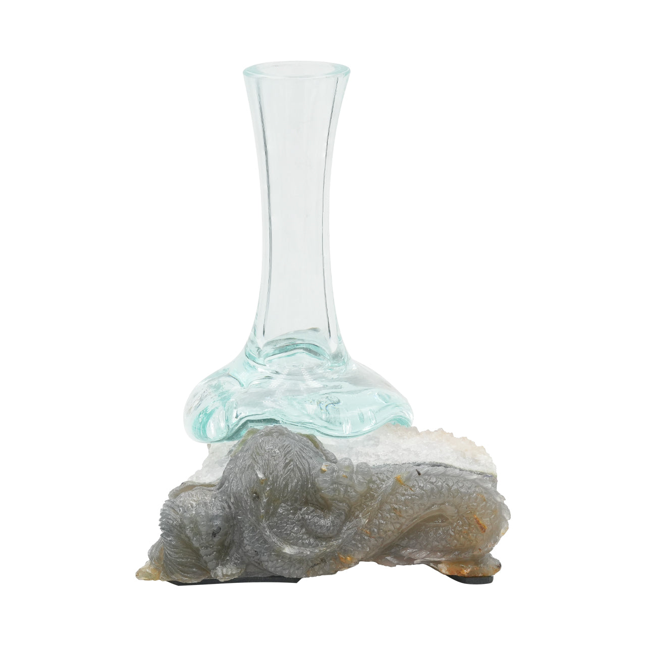 Starborn Handblown Molten Glass Vase on Hand Carved Geode Dragon Carving