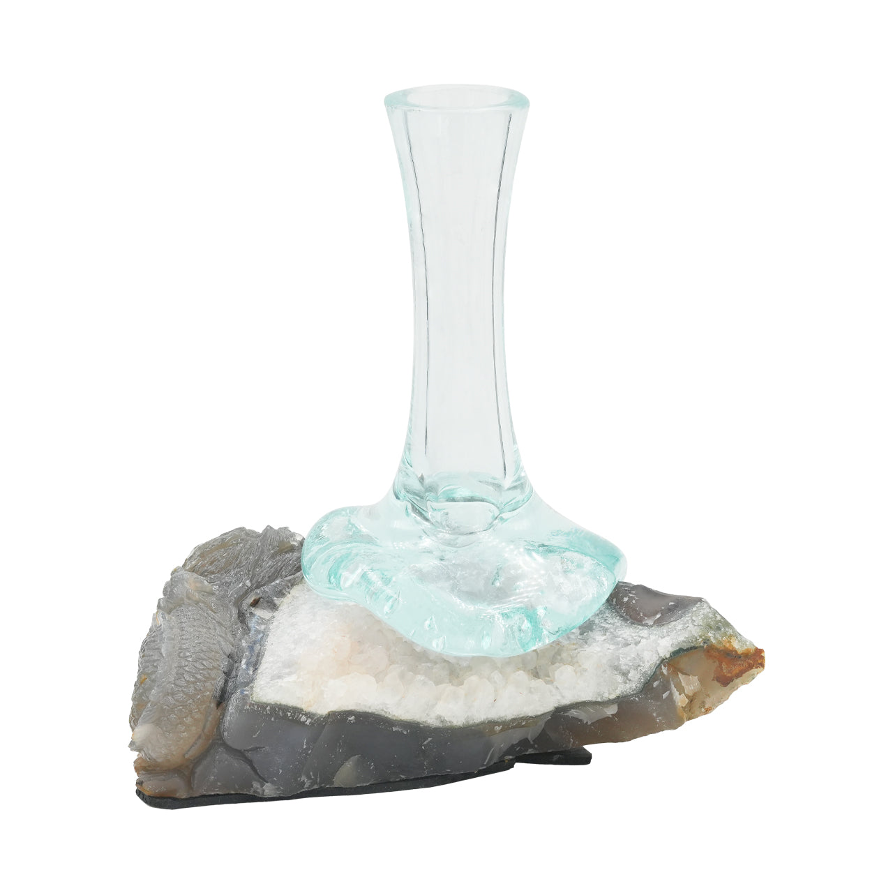 Starborn Handblown Molten Glass Vase on Hand Carved Geode Dragon Carving