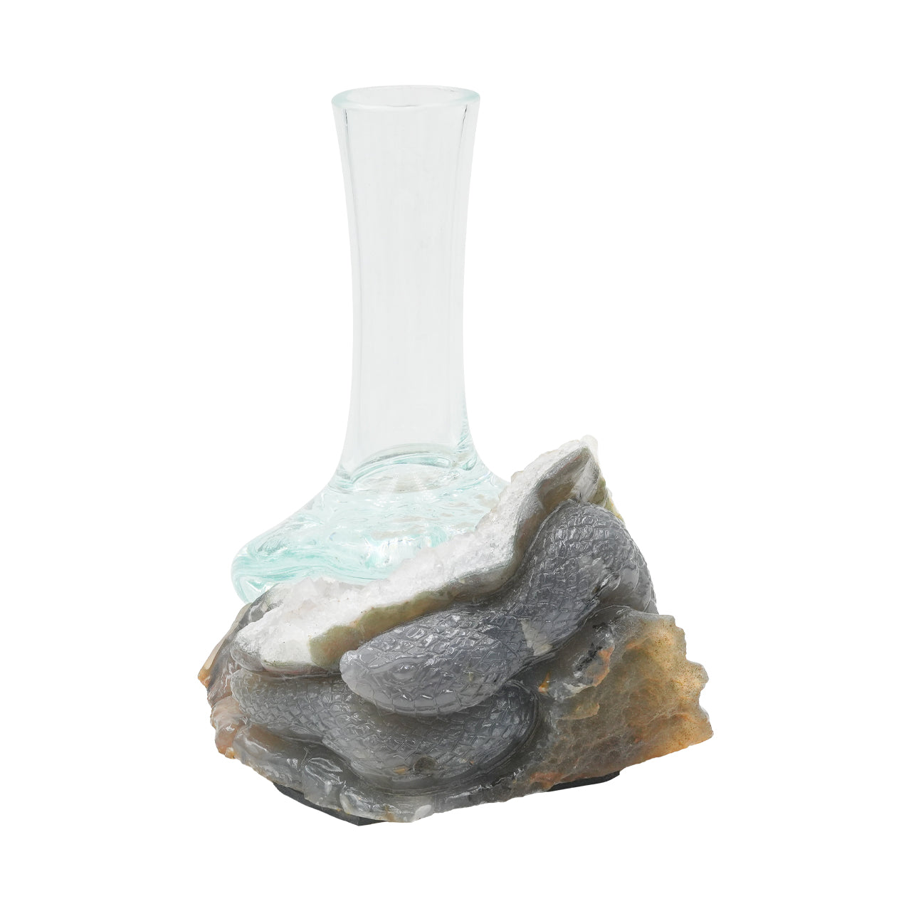 Starborn Handblown Molten Glass Vase on Hand Carved Geode Dragon Carving