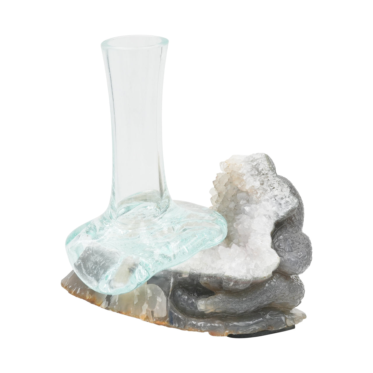 Starborn Handblown Molten Glass Vase on Hand Carved Geode Dragon Carving