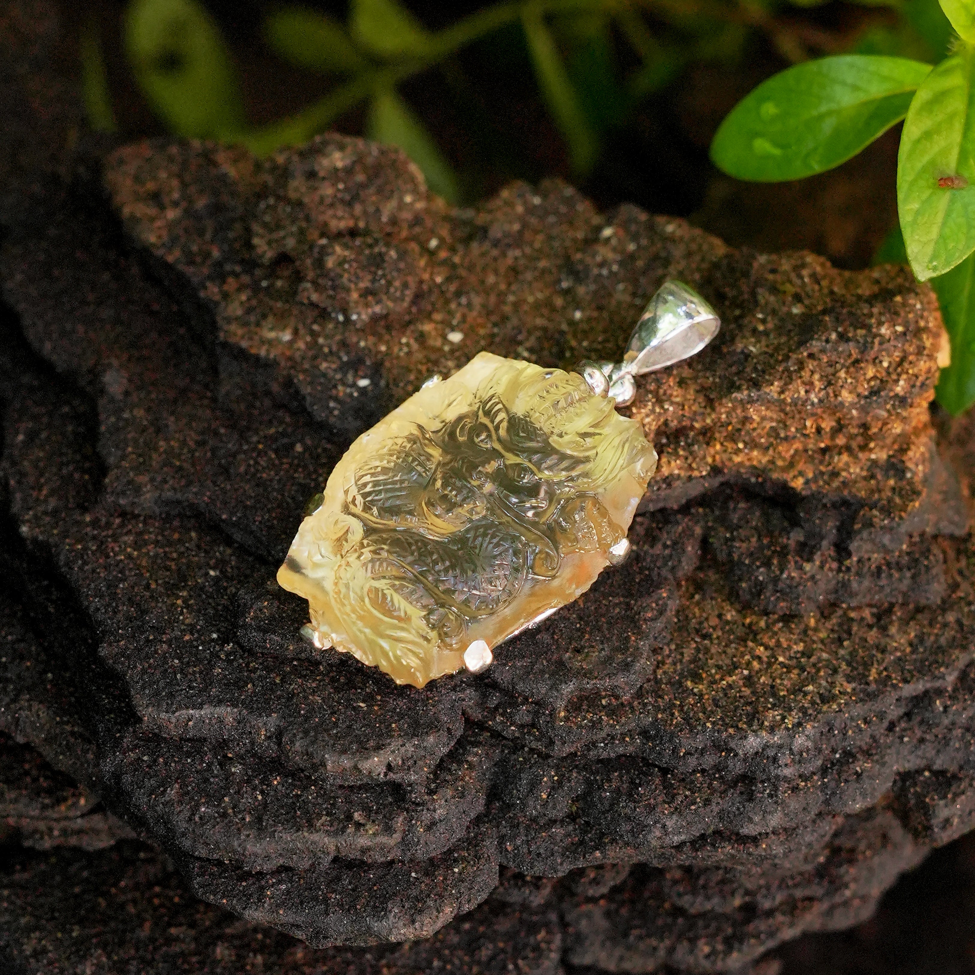 Starborn Heliodor Dragon Carving Pendant in Sterling Silver