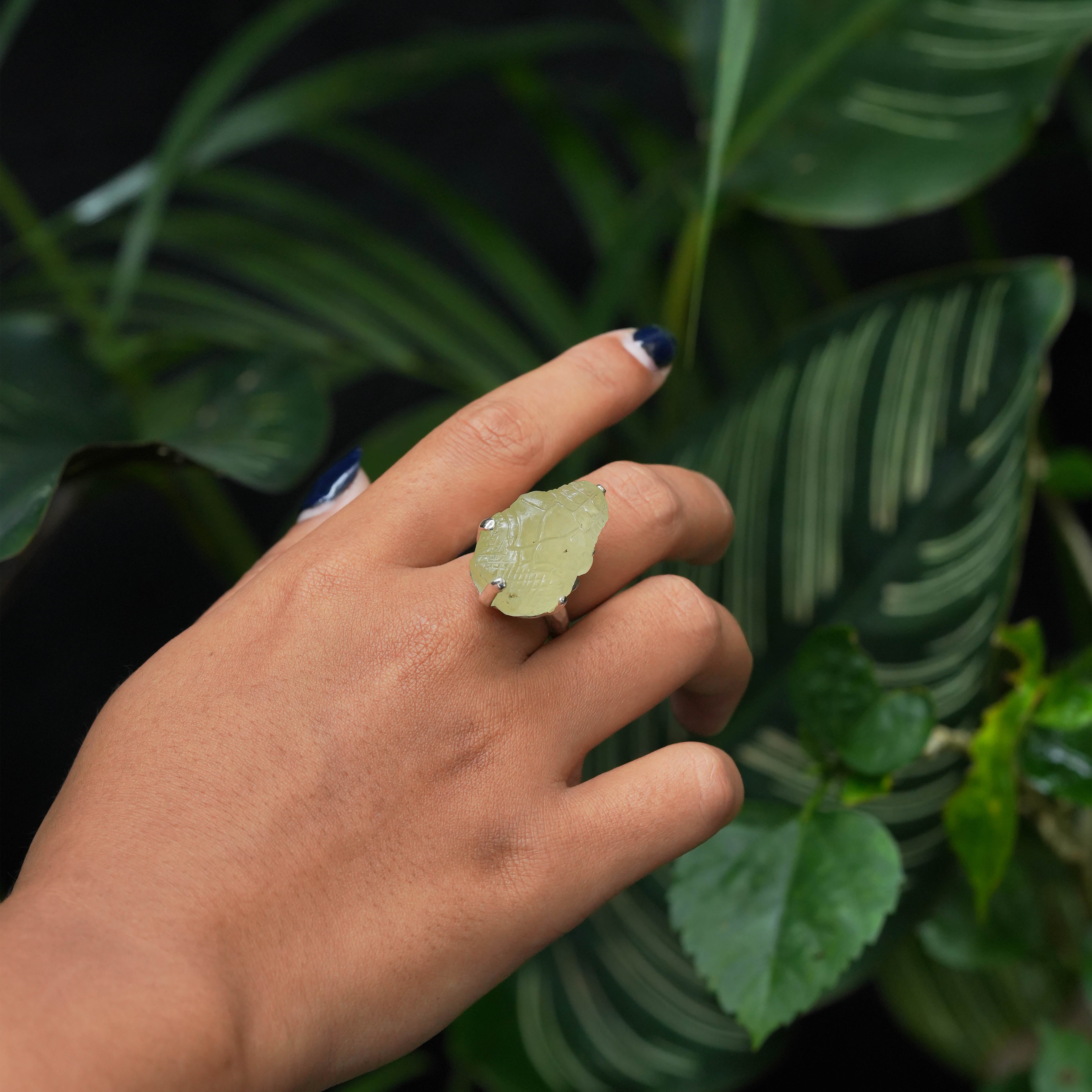 Starborn Hand-Carved Libyan Desert Tektite Snake Head Ring in Sterling Silver - Size 8
