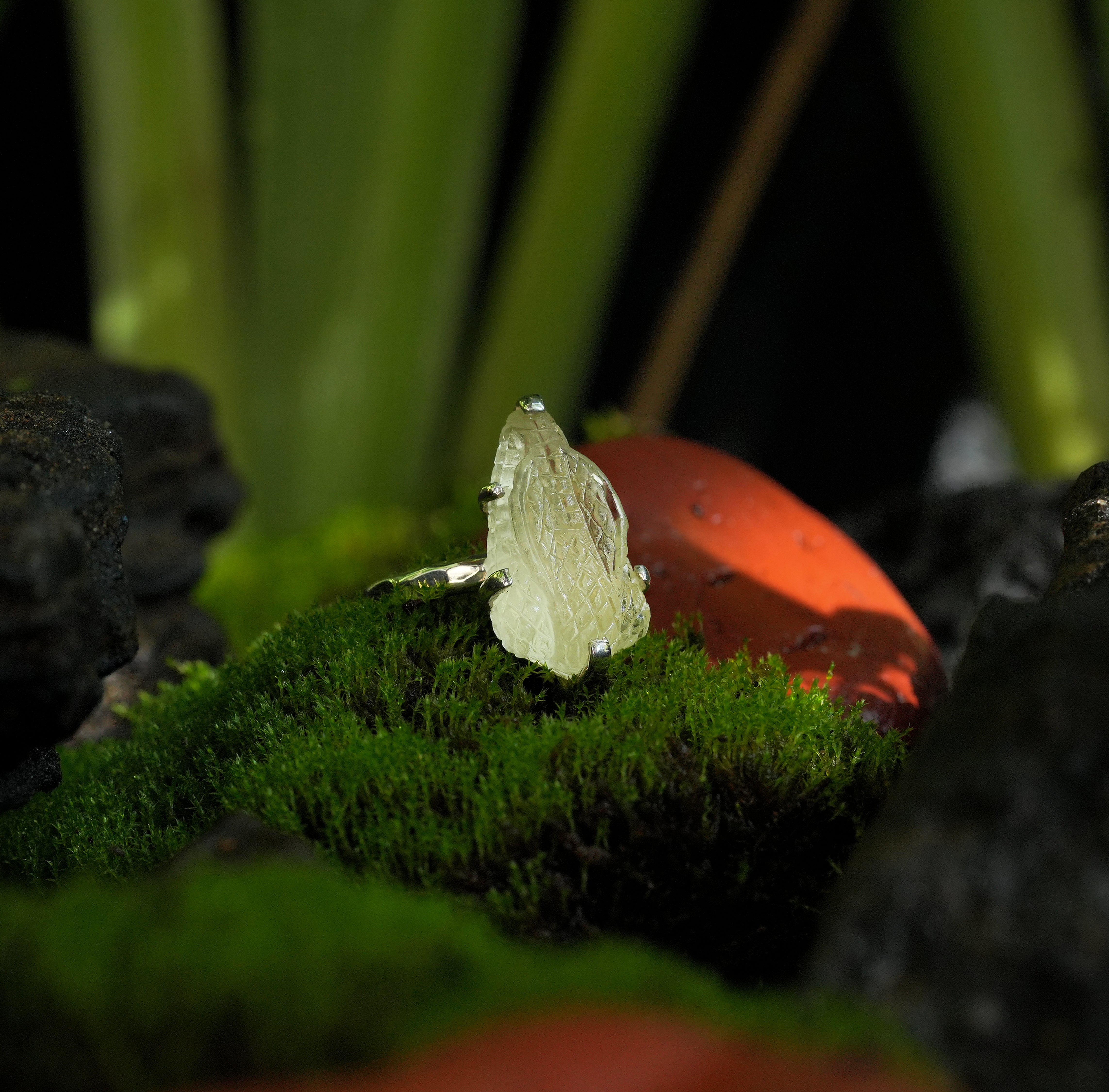 Starborn Hand-Carved Libyan Desert Tektite Snake Head Ring in Sterling Silver - Size 8