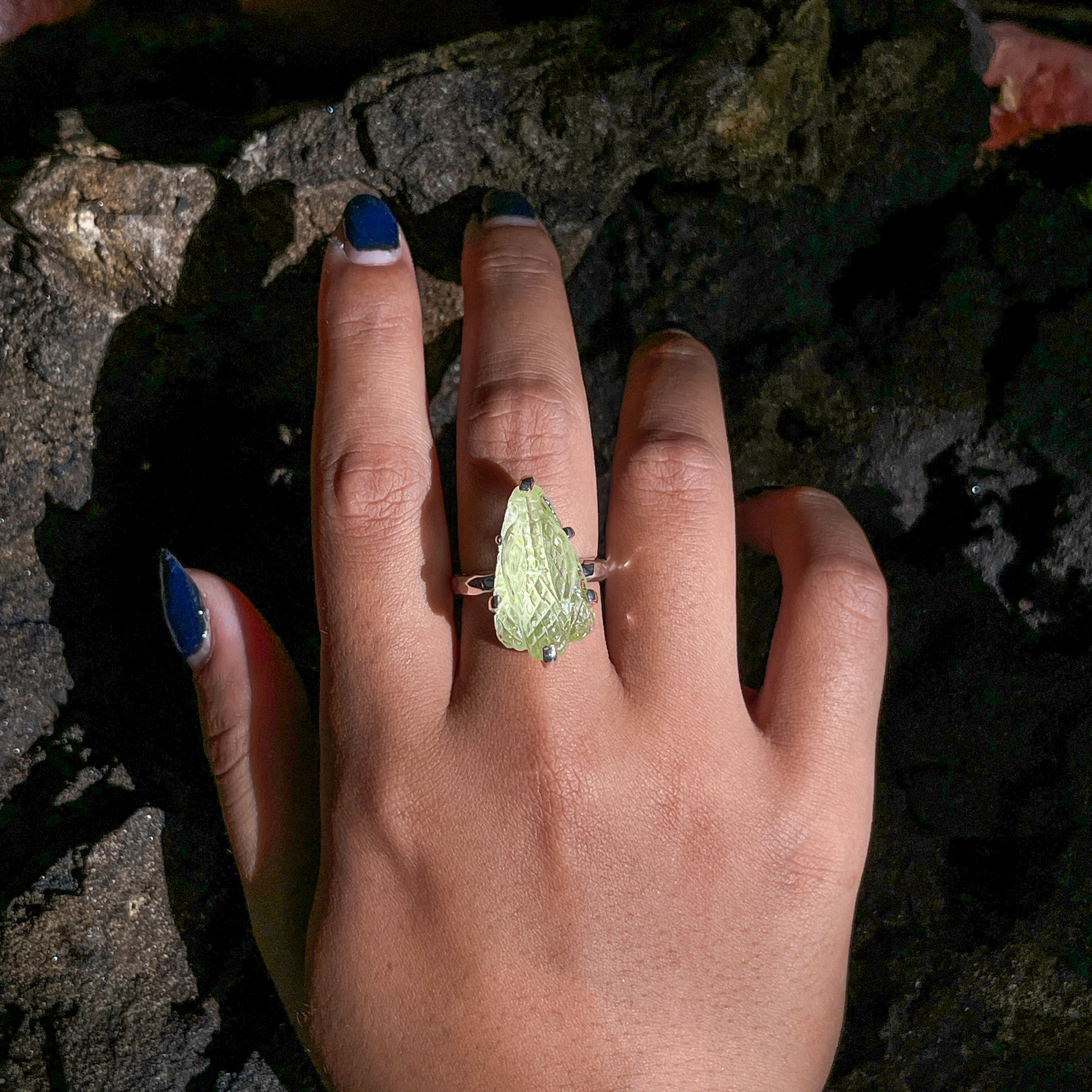 Starborn Hand-Carved Libyan Desert Tektite Snake Head Ring in Sterling Silver - Size 8