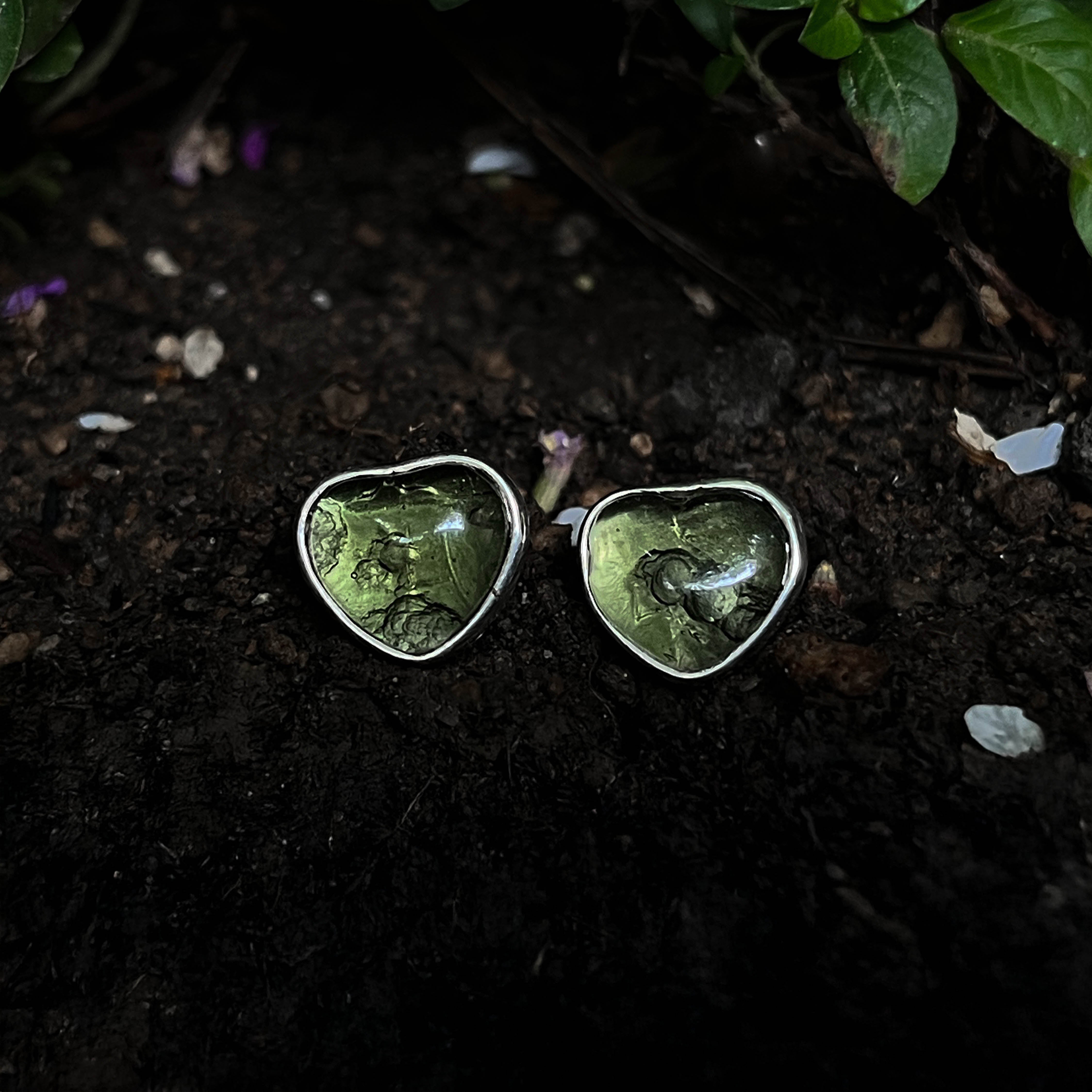 Starborn Moldavite Heart Post Earrings in Sterling Silver