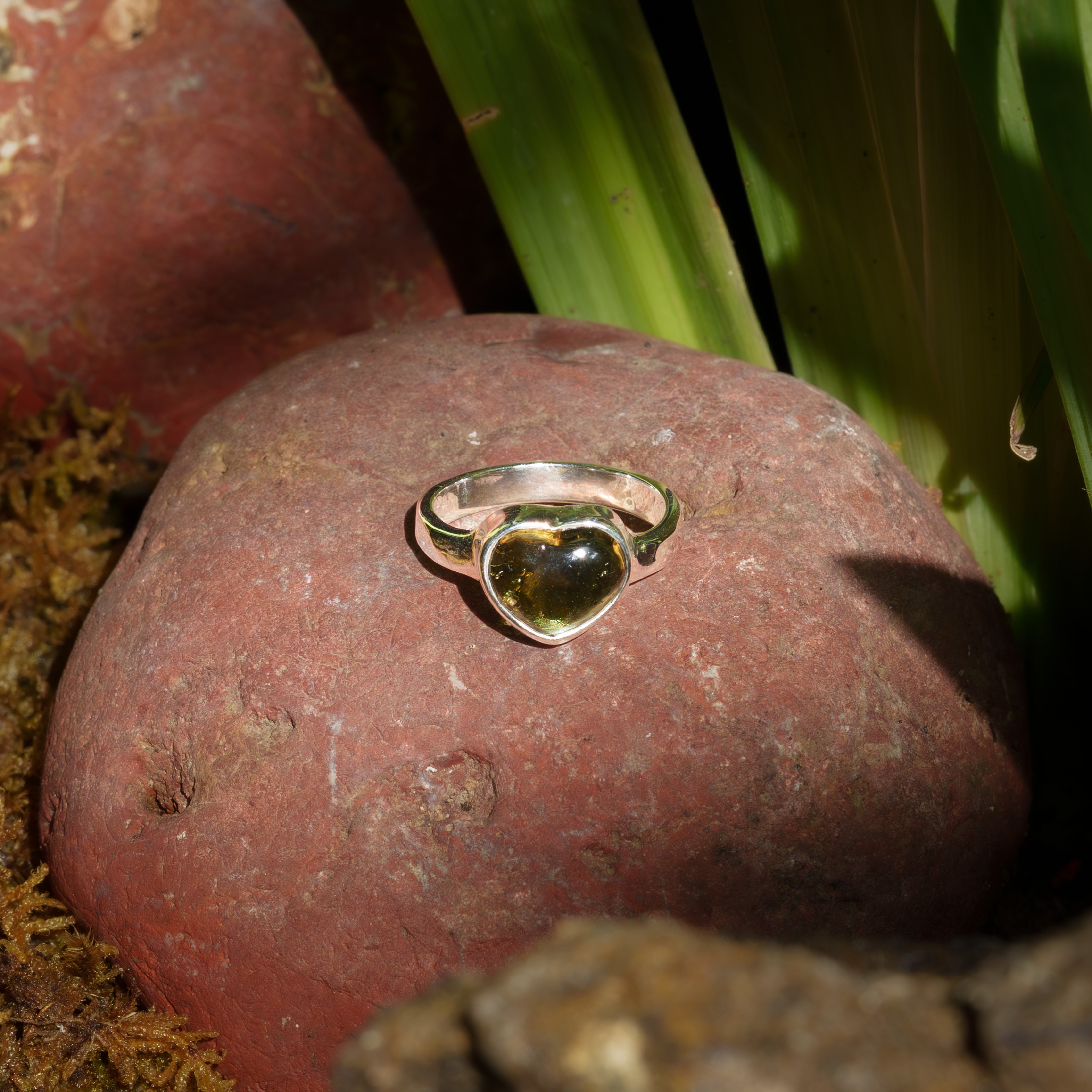Starborn Moldavite Heart Ring in Sterling Silver - Size 8