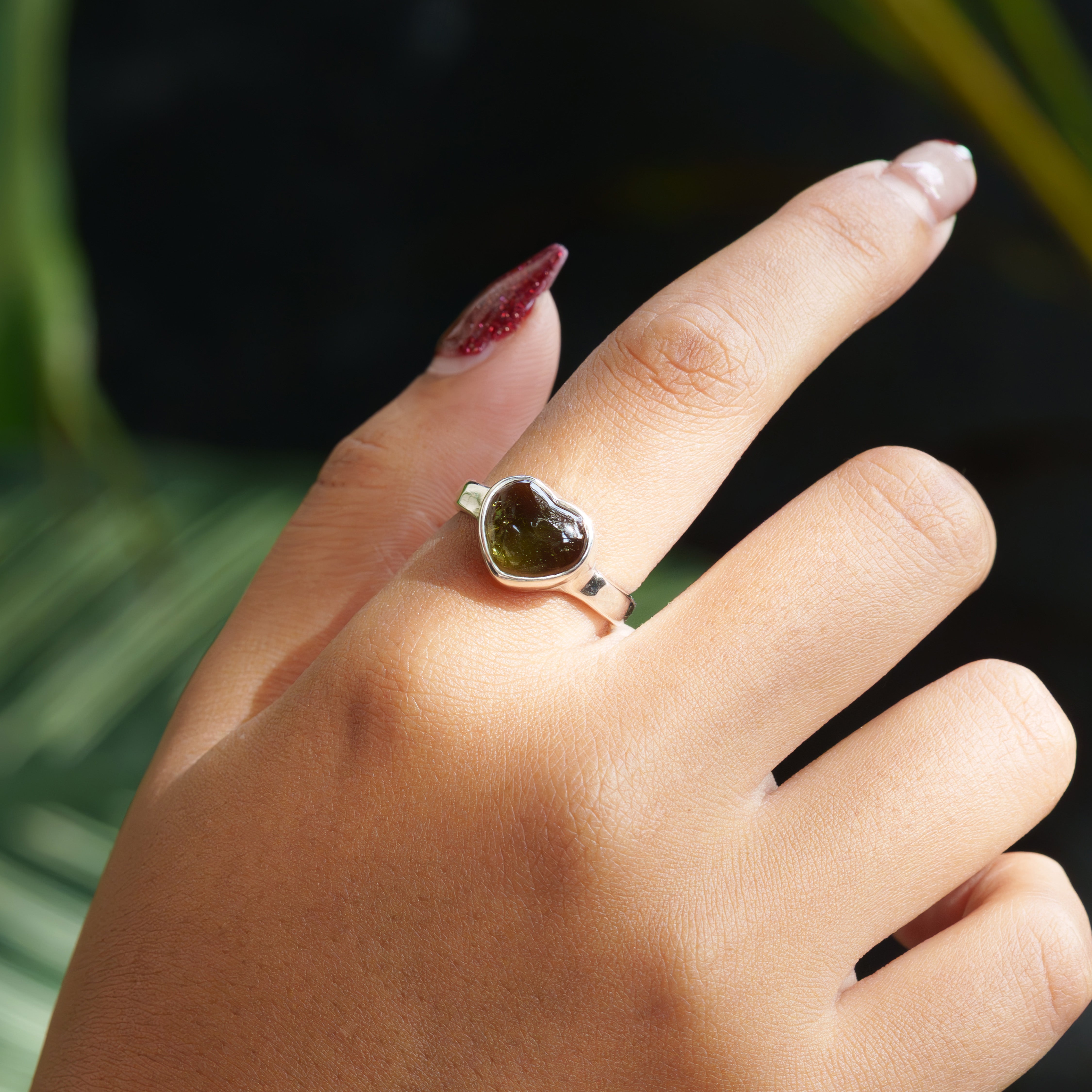 Starborn Moldavite Heart Ring in Sterling Silver - Size 8