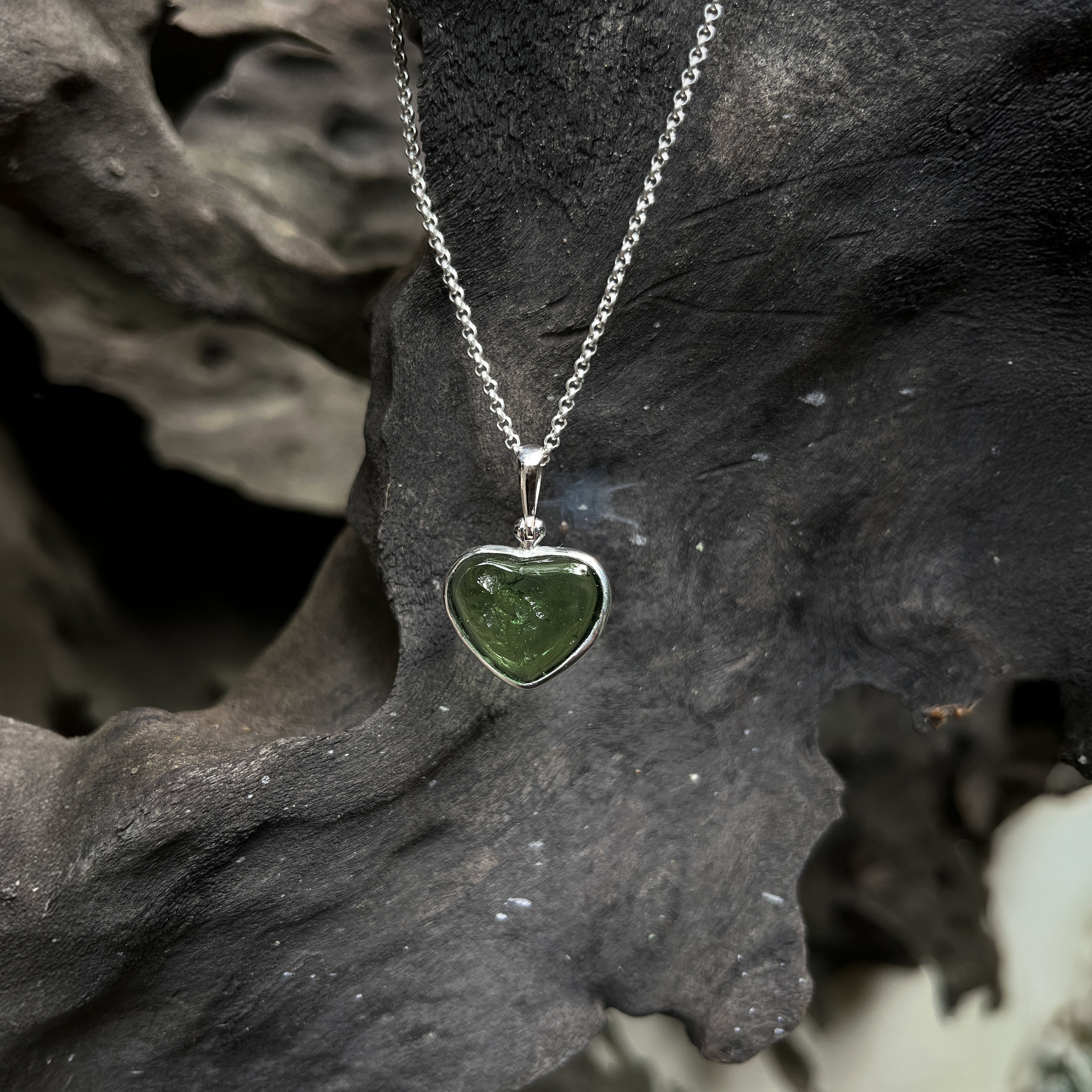 Starborn Moldavite Heart Pendant in Sterling Silver - 1 Piece
