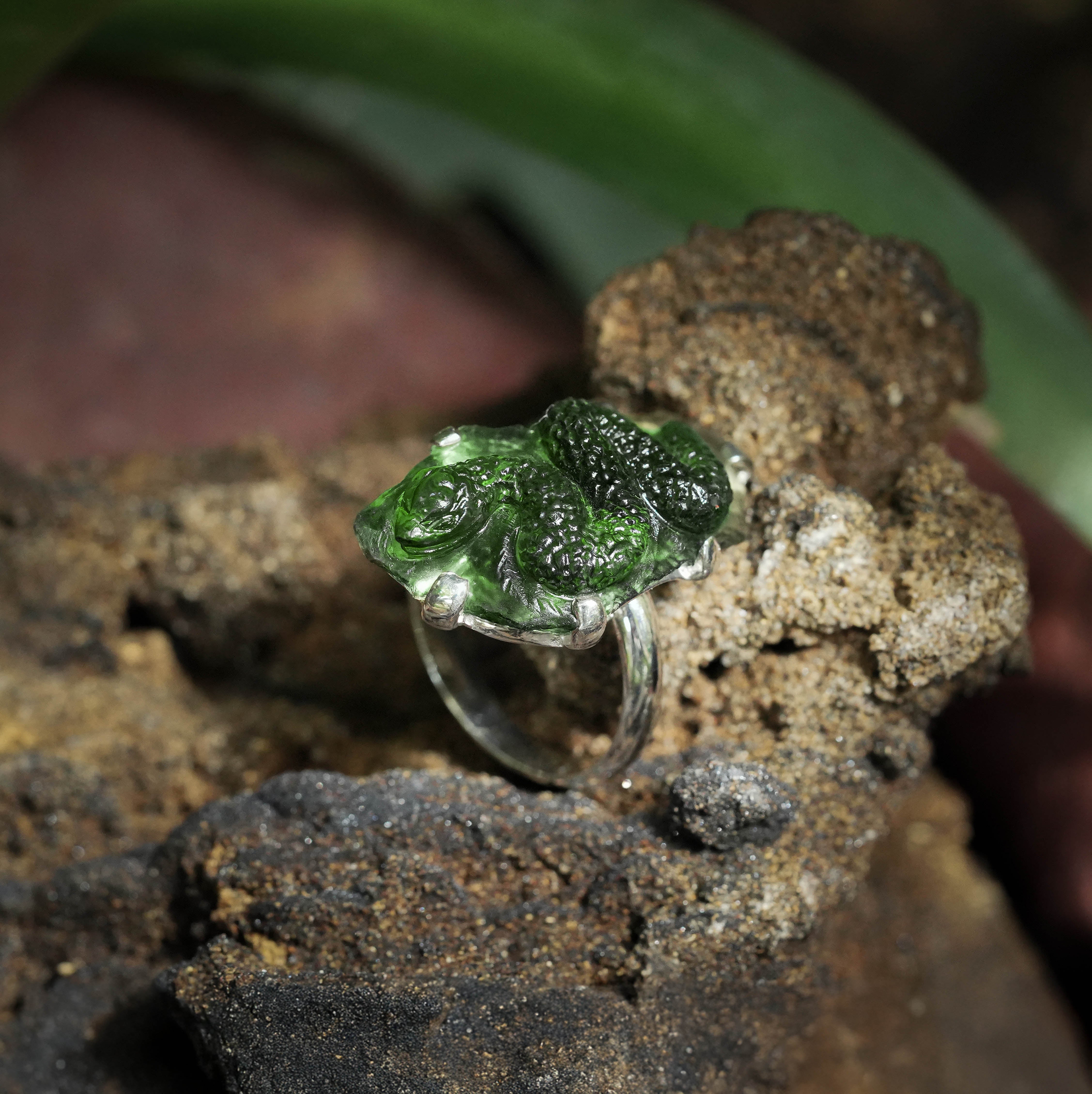 Starborn Hand-Carved Moldavite Snake Ring in Sterling Silver - Size 8