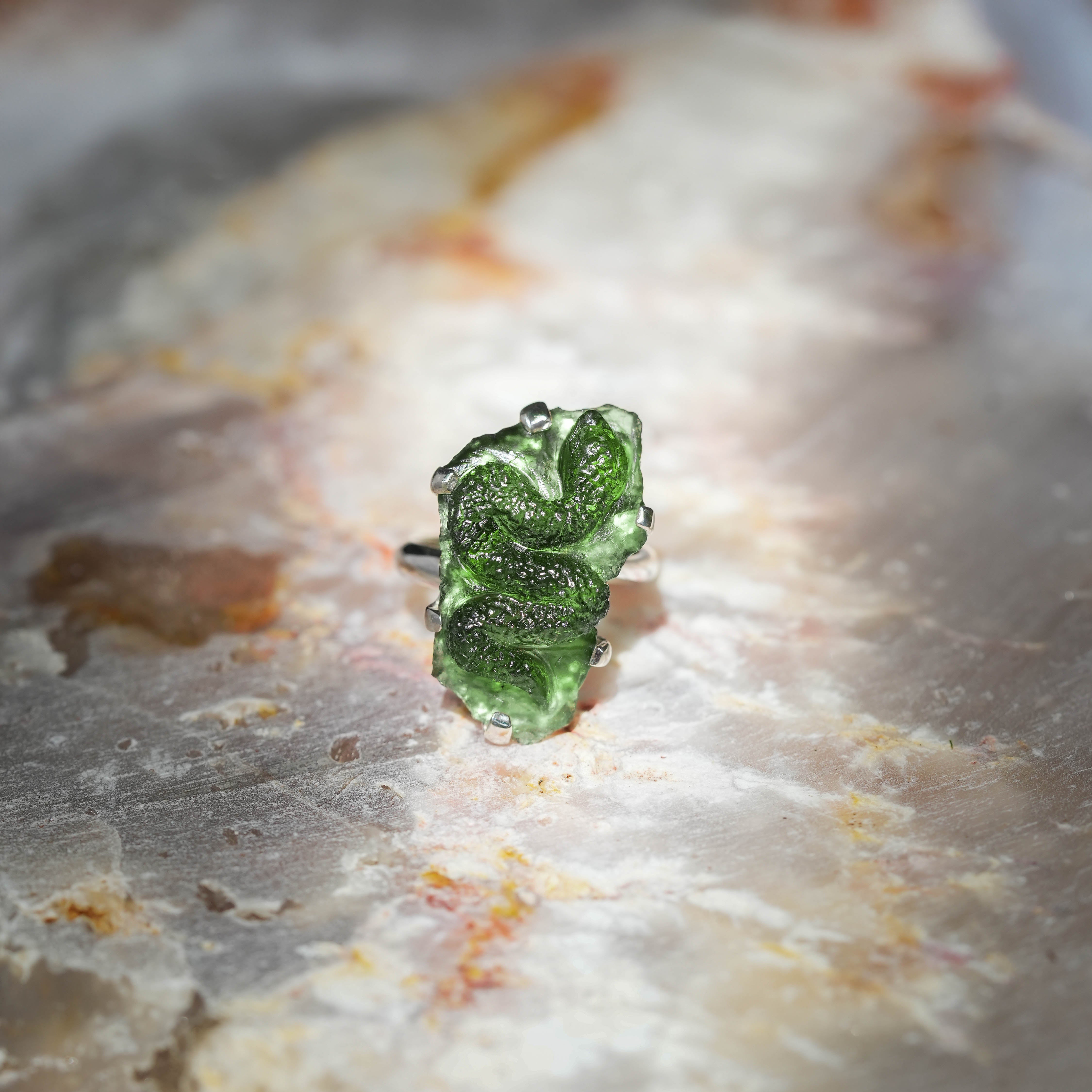 Starborn Hand-Carved Moldavite Snake Ring in Sterling Silver - Size 8