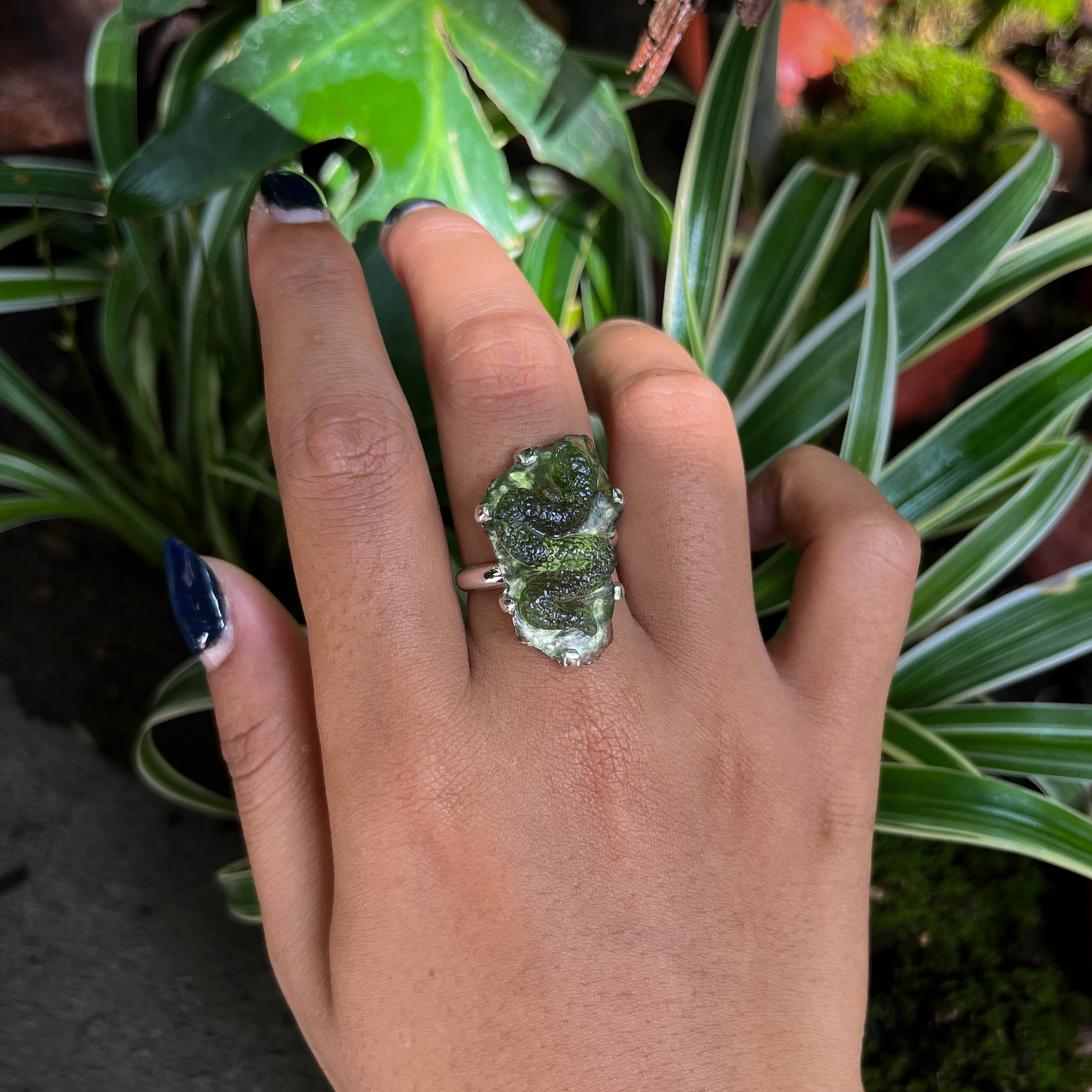 Starborn Hand-Carved Moldavite Snake Ring in Sterling Silver - Size 8