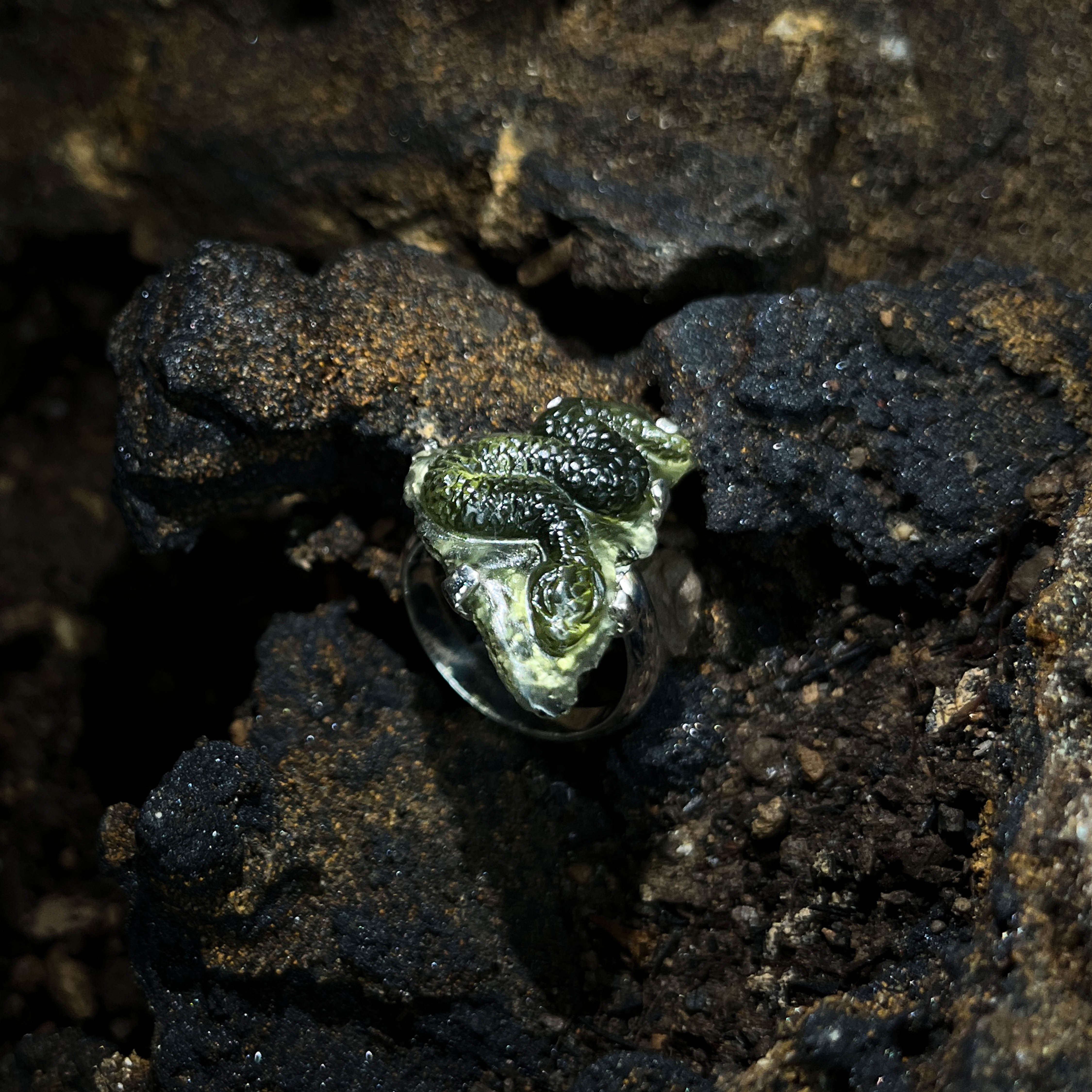 Starborn Hand-Carved Moldavite Snake Ring in Sterling SIlver - Size 9