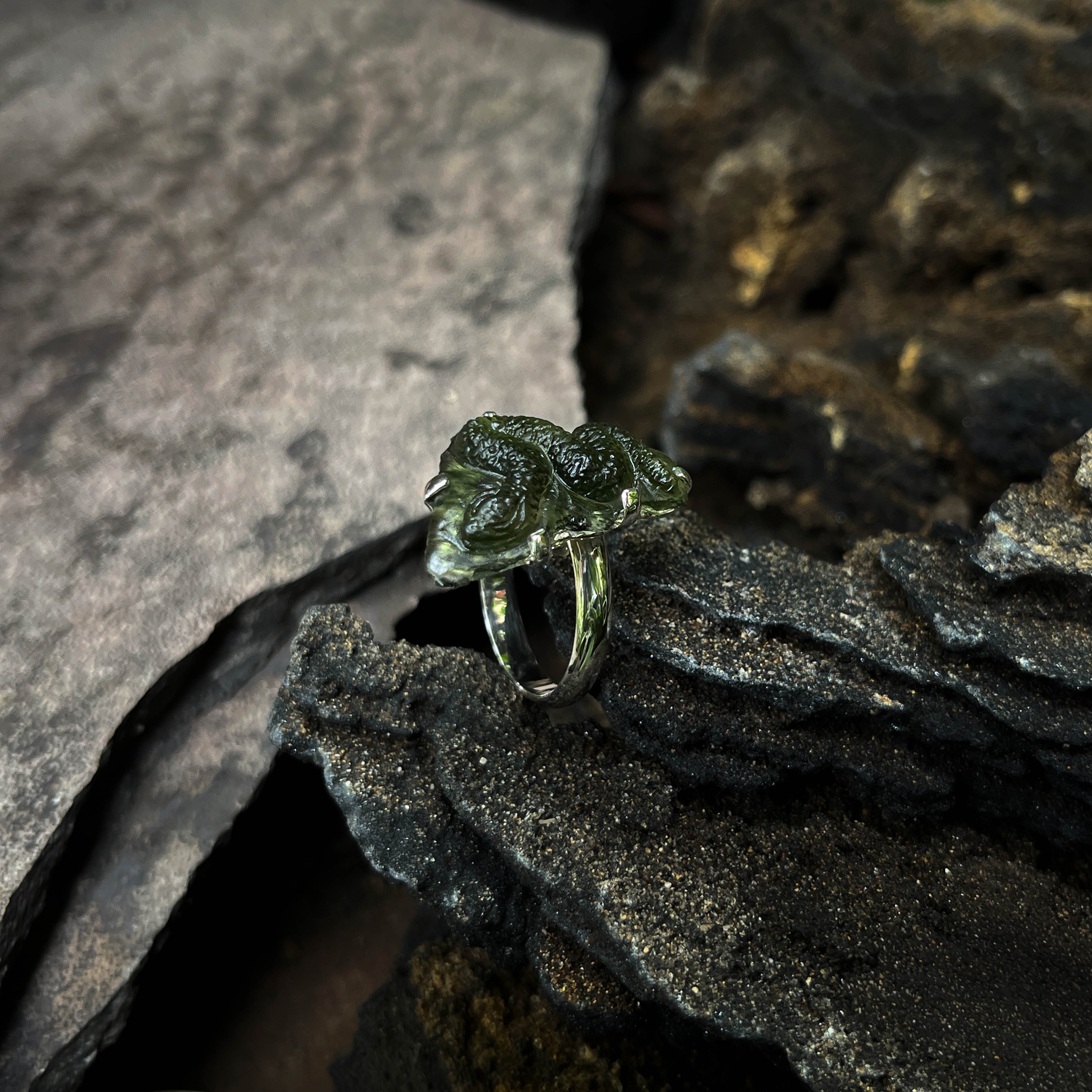 Starborn Hand-Carved Moldavite Snake Ring in Sterling SIlver - Size 9