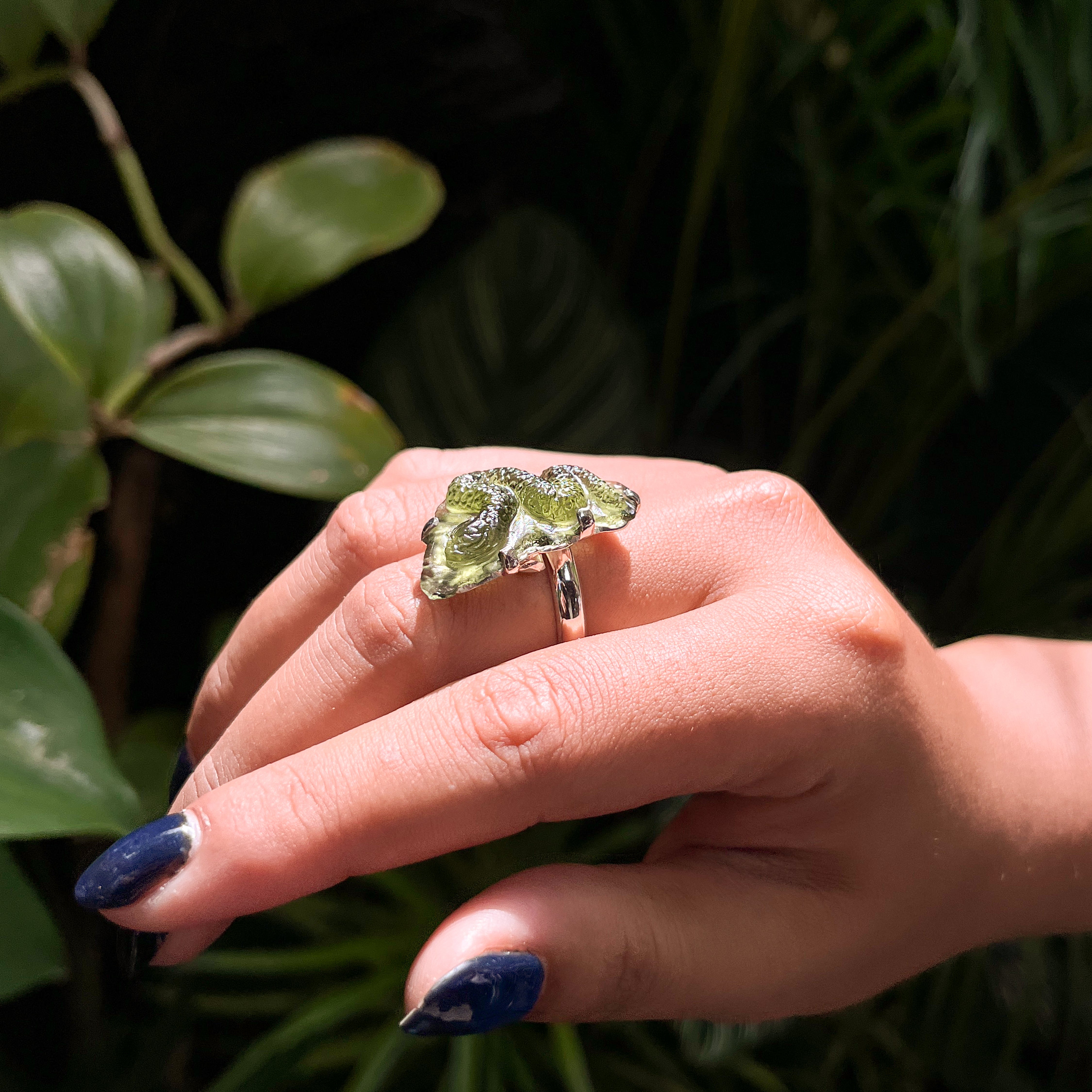 Starborn Hand-Carved Moldavite Snake Ring in Sterling SIlver - Size 9