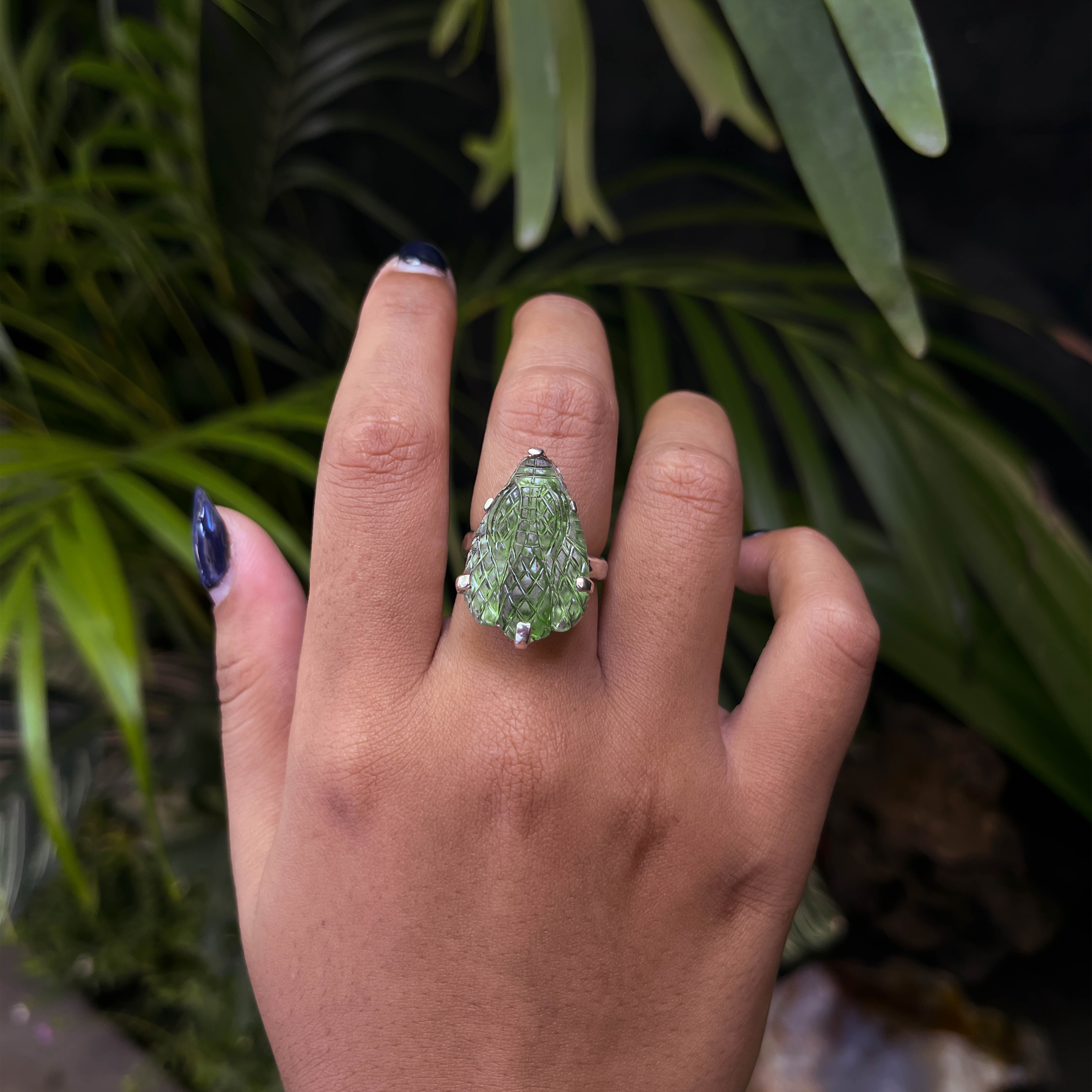 Starborn Hand-Carved Moldavite Snake Head Ring in Sterling Silver - Size 7