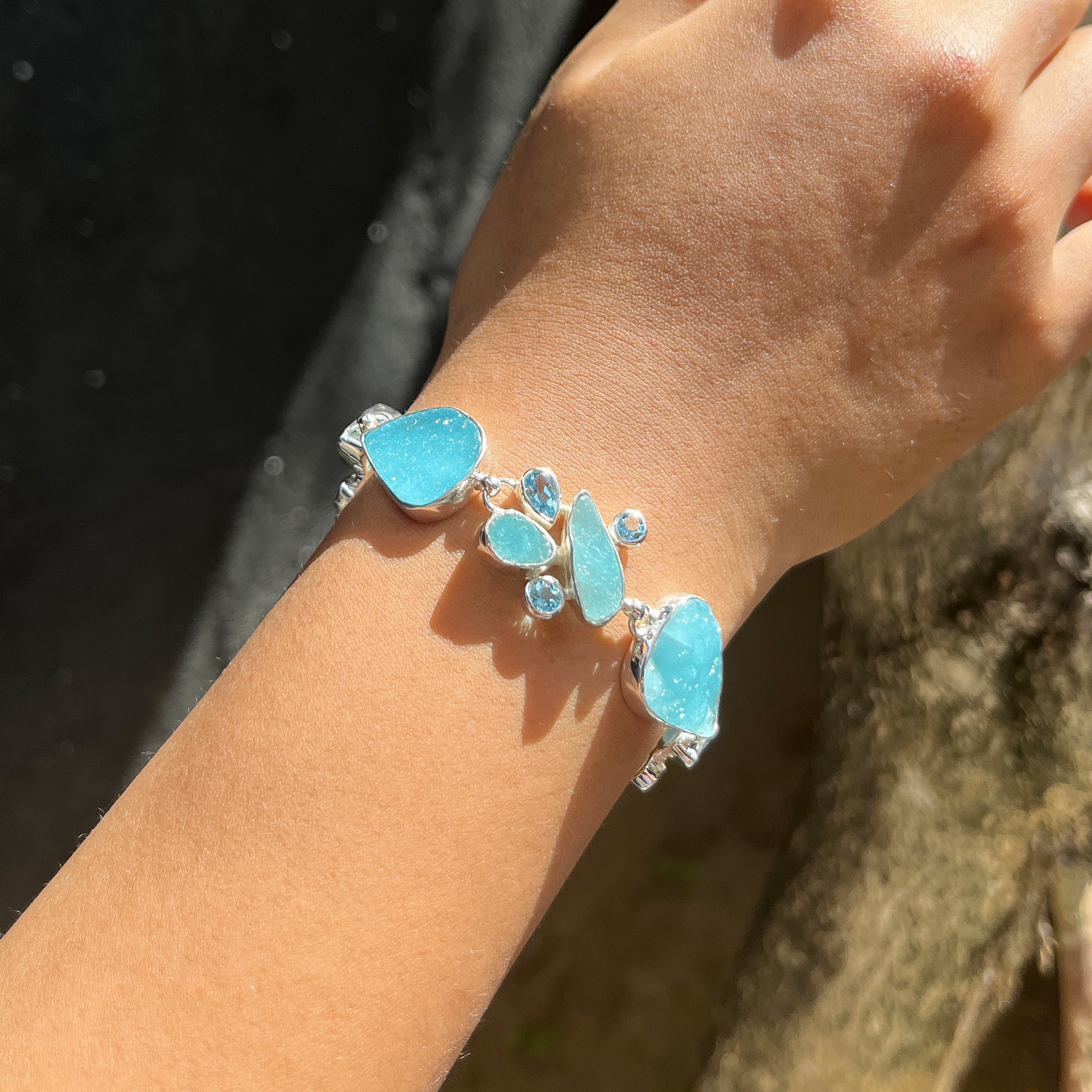 Starborn Hemimorphite with Blue Topaz Bracelet in Sterling Silver