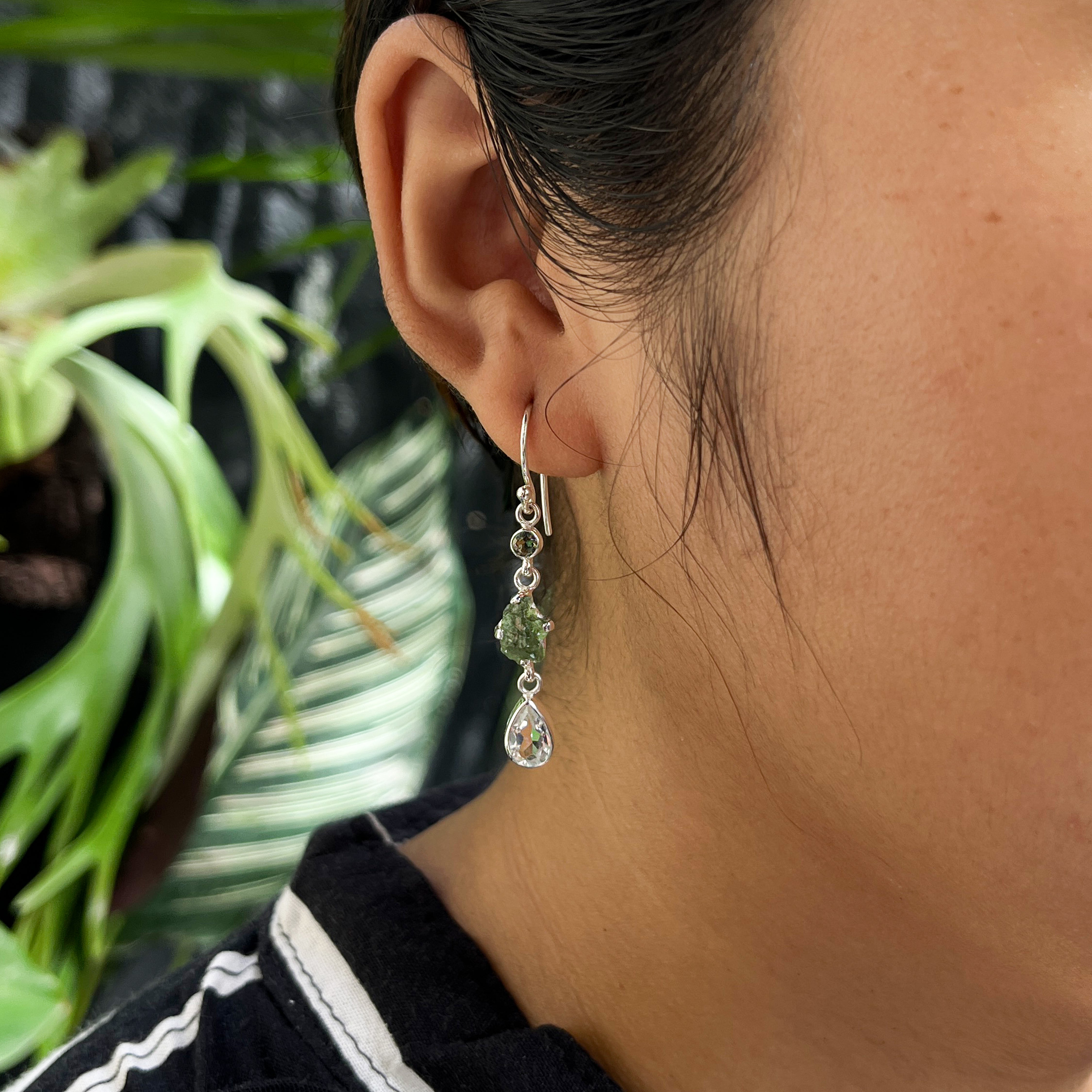 Starborn Moldavite Rough & Faceted with White Topaz Dangle Earring in Sterling Silver