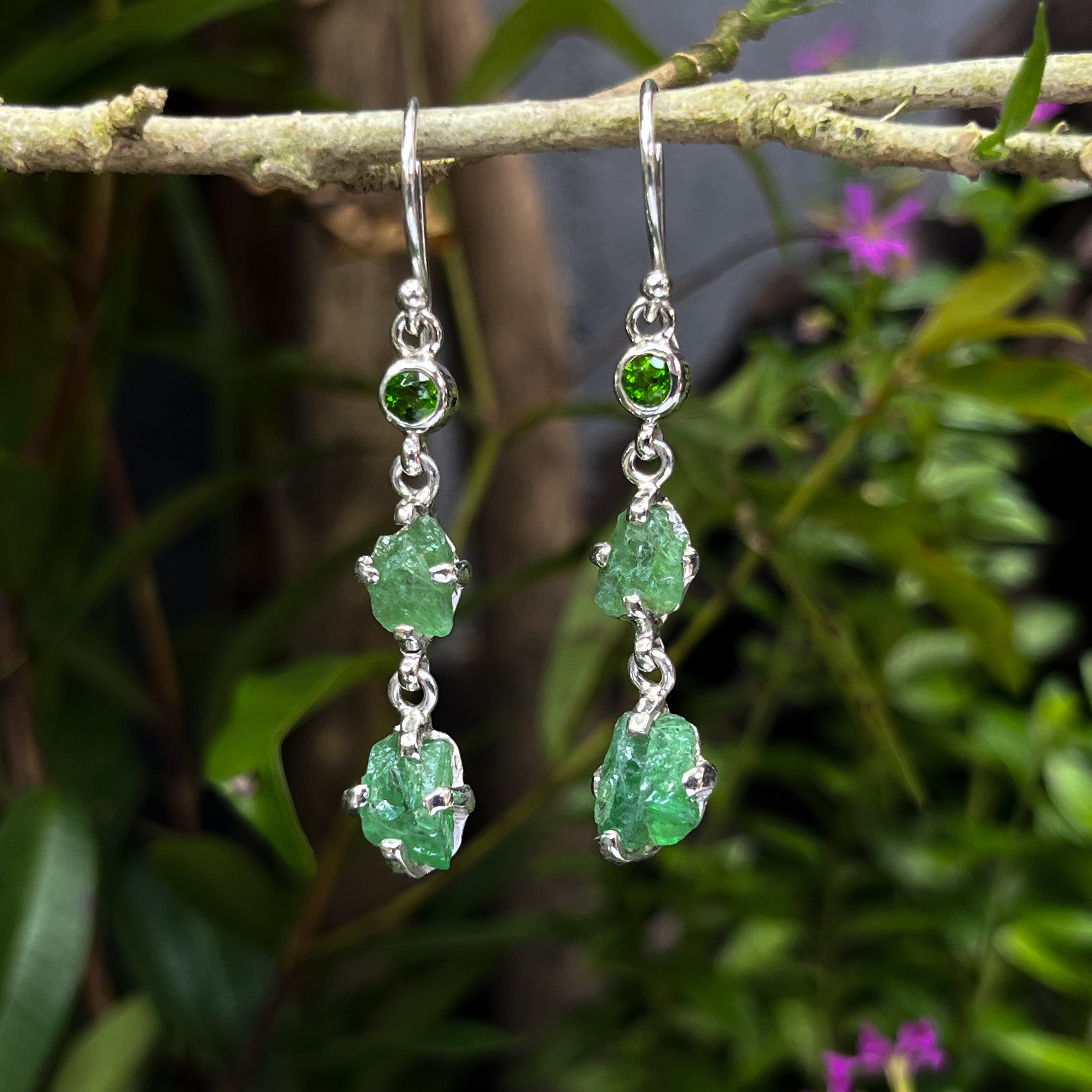 Starborn Green Garnet Tsavorite Rough with Chrome Diopside Accents Dangle Earring in Sterling Silver