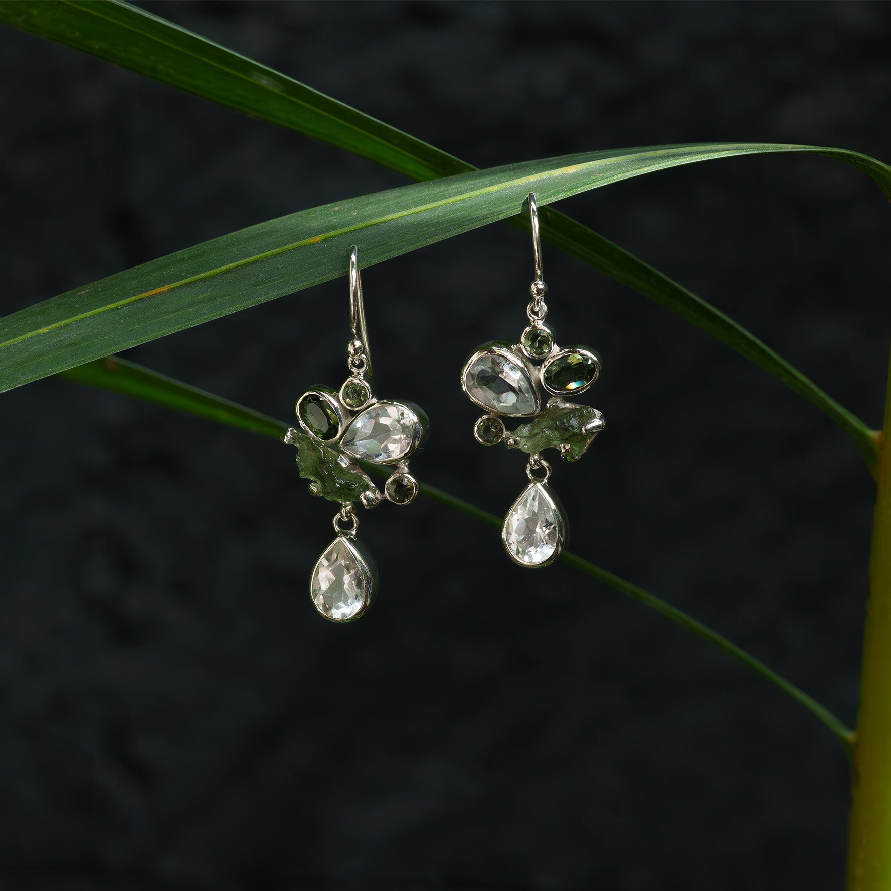 Starborn Moldavite & White Topaz Dangle Earrings in Sterling Silver