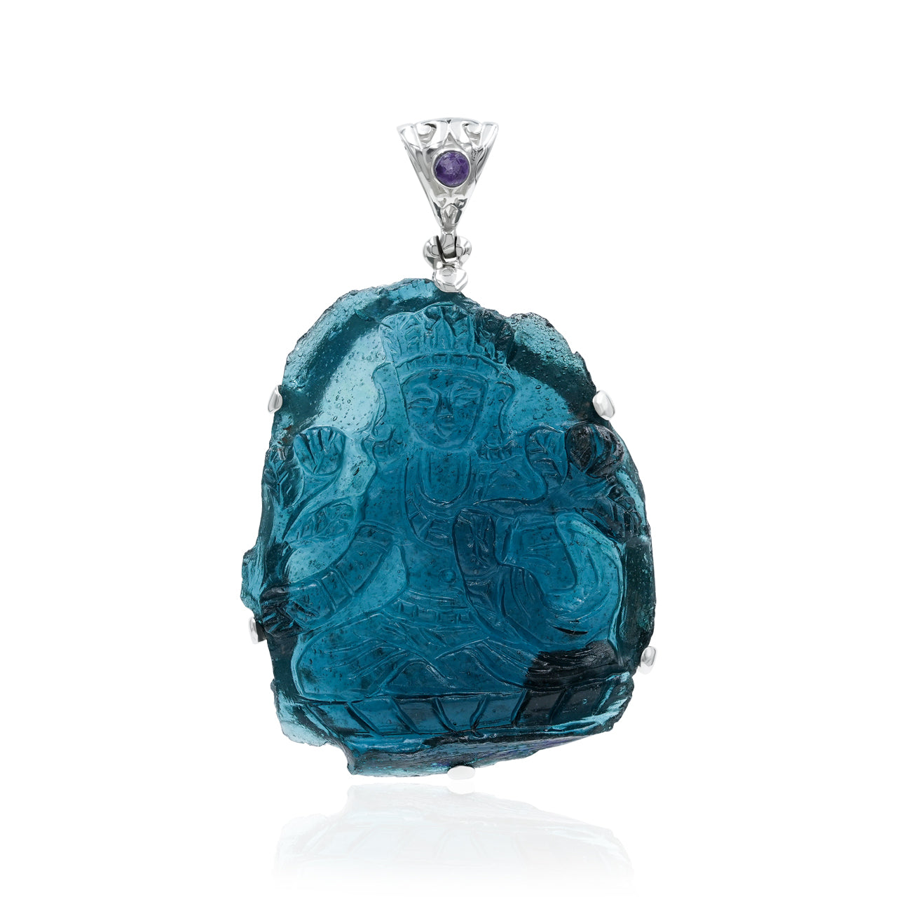 Starborn Hand-Carved Roman Glass Tara Goddes Pendant with Filigree Bale Amethyst in Sterling Silver
