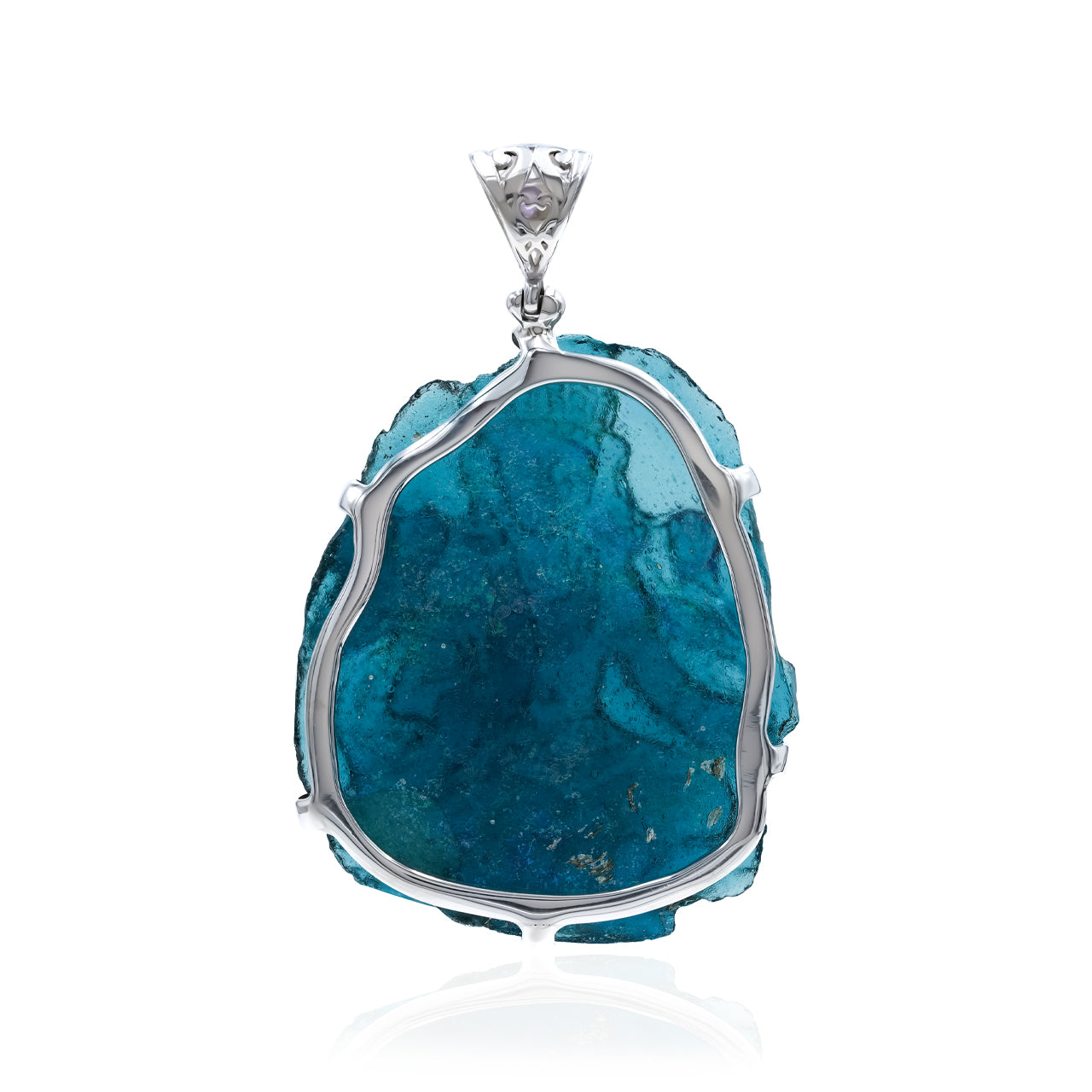 Starborn Hand-Carved Roman Glass Tara Goddes Pendant with Filigree Bale Amethyst in Sterling Silver