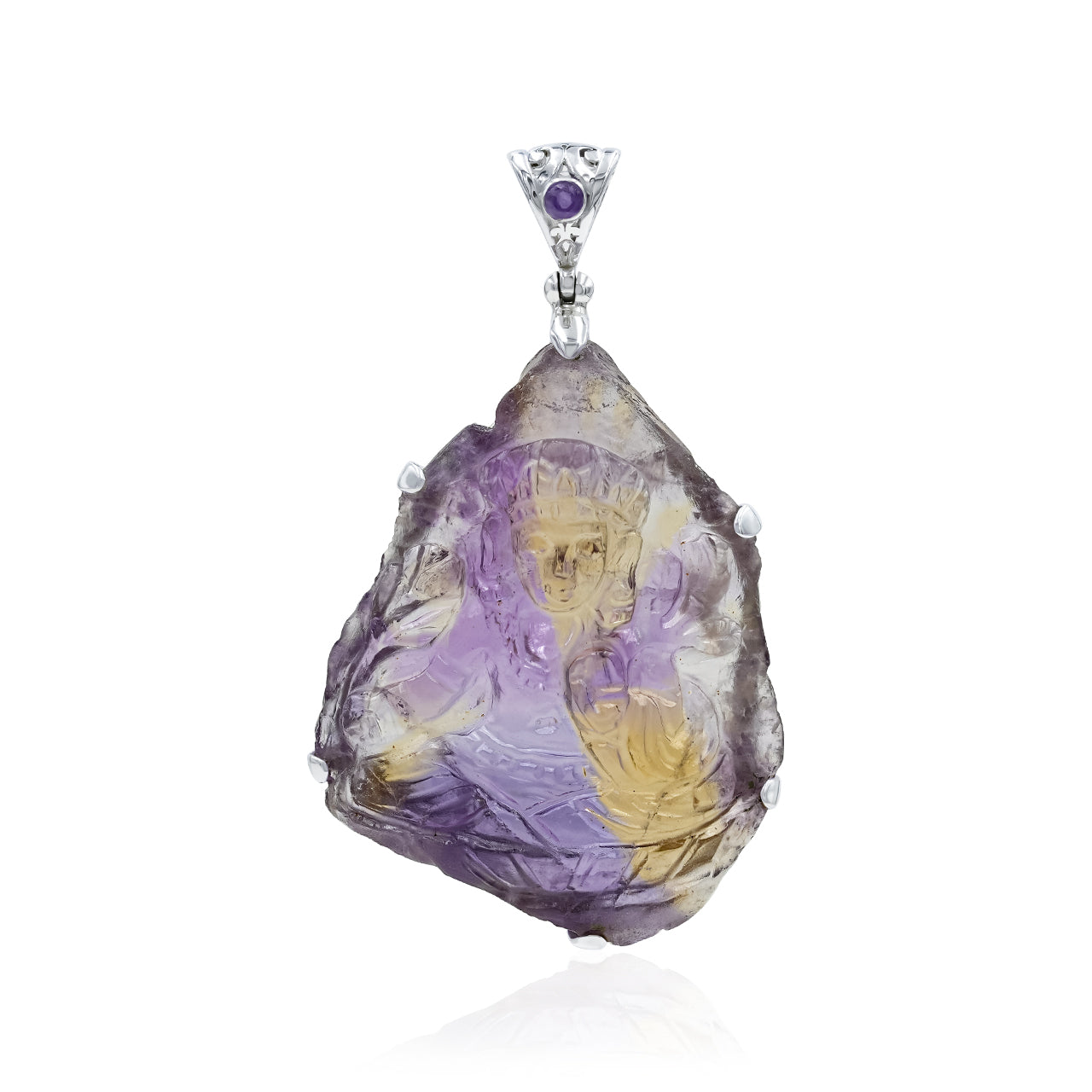 Starborn Hand-Carved Ametrine Tara Goddes Pendant with Filigree Bale Amethyst in Sterling Silver