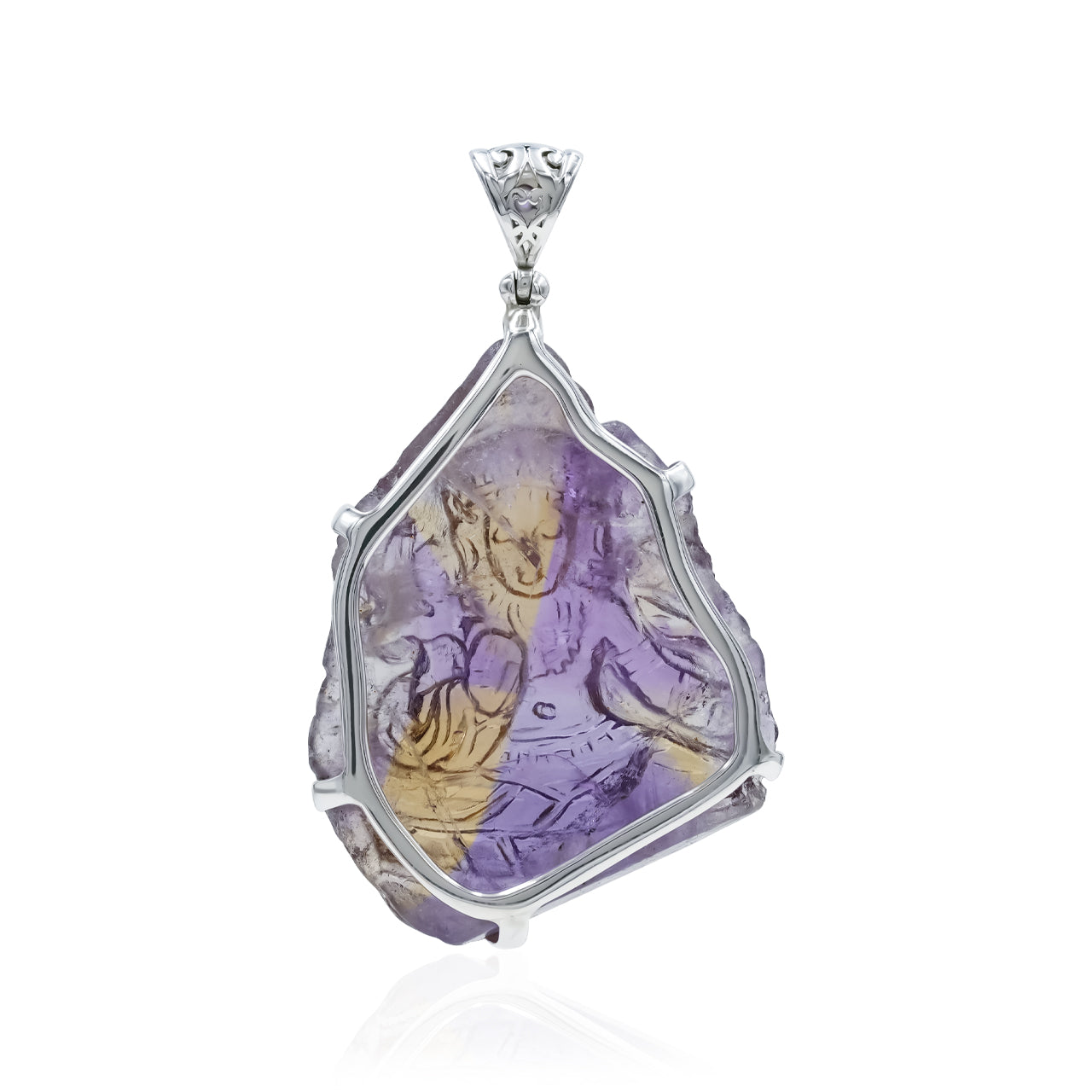 Starborn Hand-Carved Ametrine Tara Goddes Pendant with Filigree Bale Amethyst in Sterling Silver