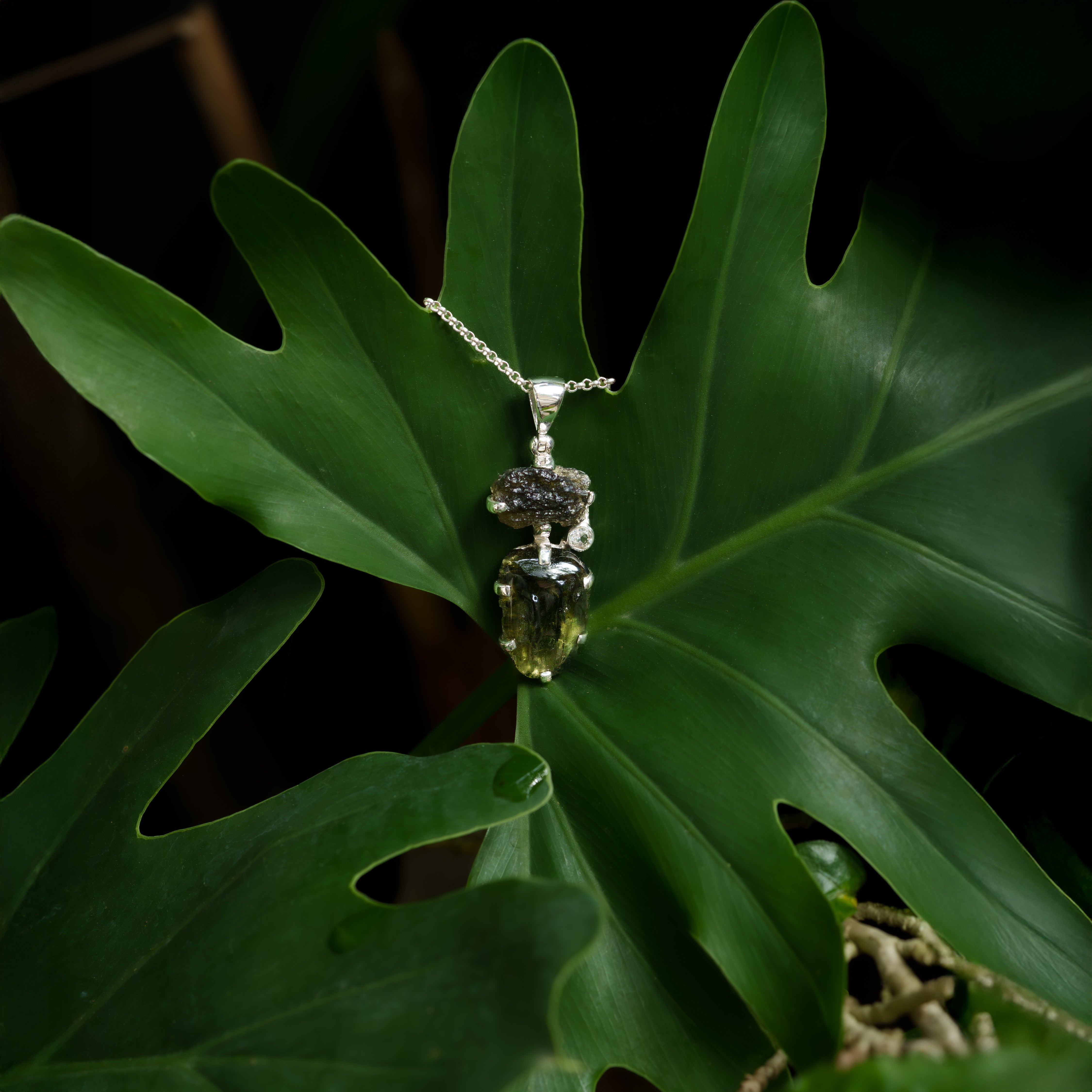 Starborn Moldavite Prong-Set Pendant with White Topaz Accent in Sterling Silver