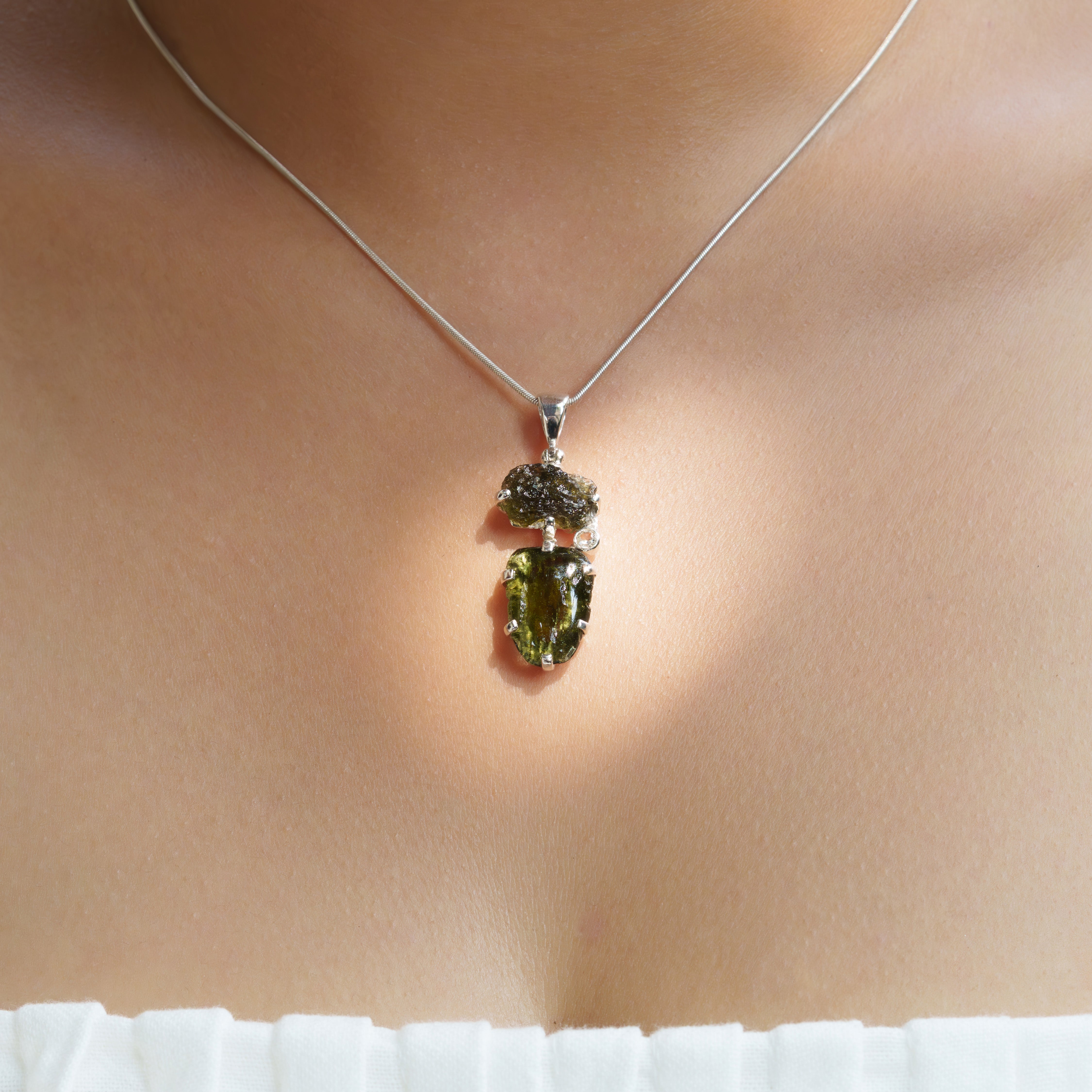 Starborn Moldavite Prong-Set Pendant with White Topaz Accent in Sterling Silver