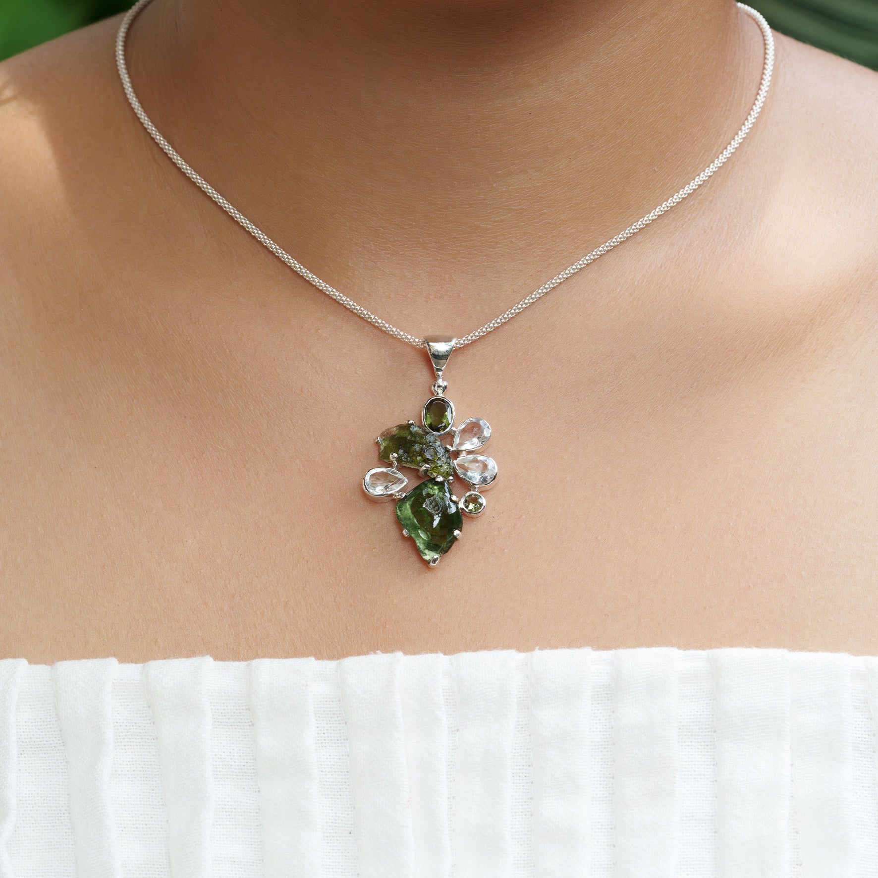 Starborn Moldavite & White Topaz Pendant in Sterling Silver - 1 Piece