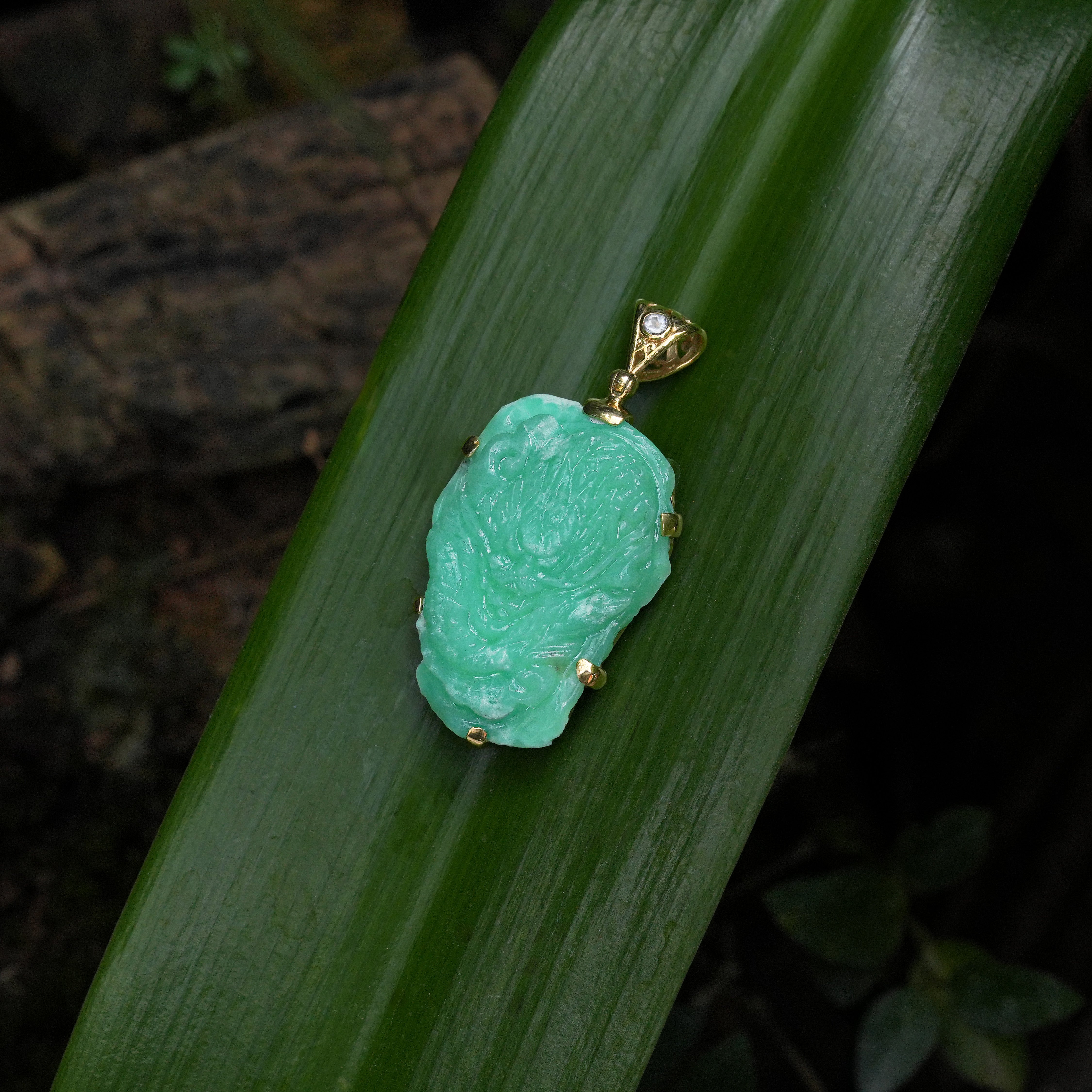 Starborn Hand Carved Chrysoprase Dragon Carving Pendant with White Topaz in Nordic Gold