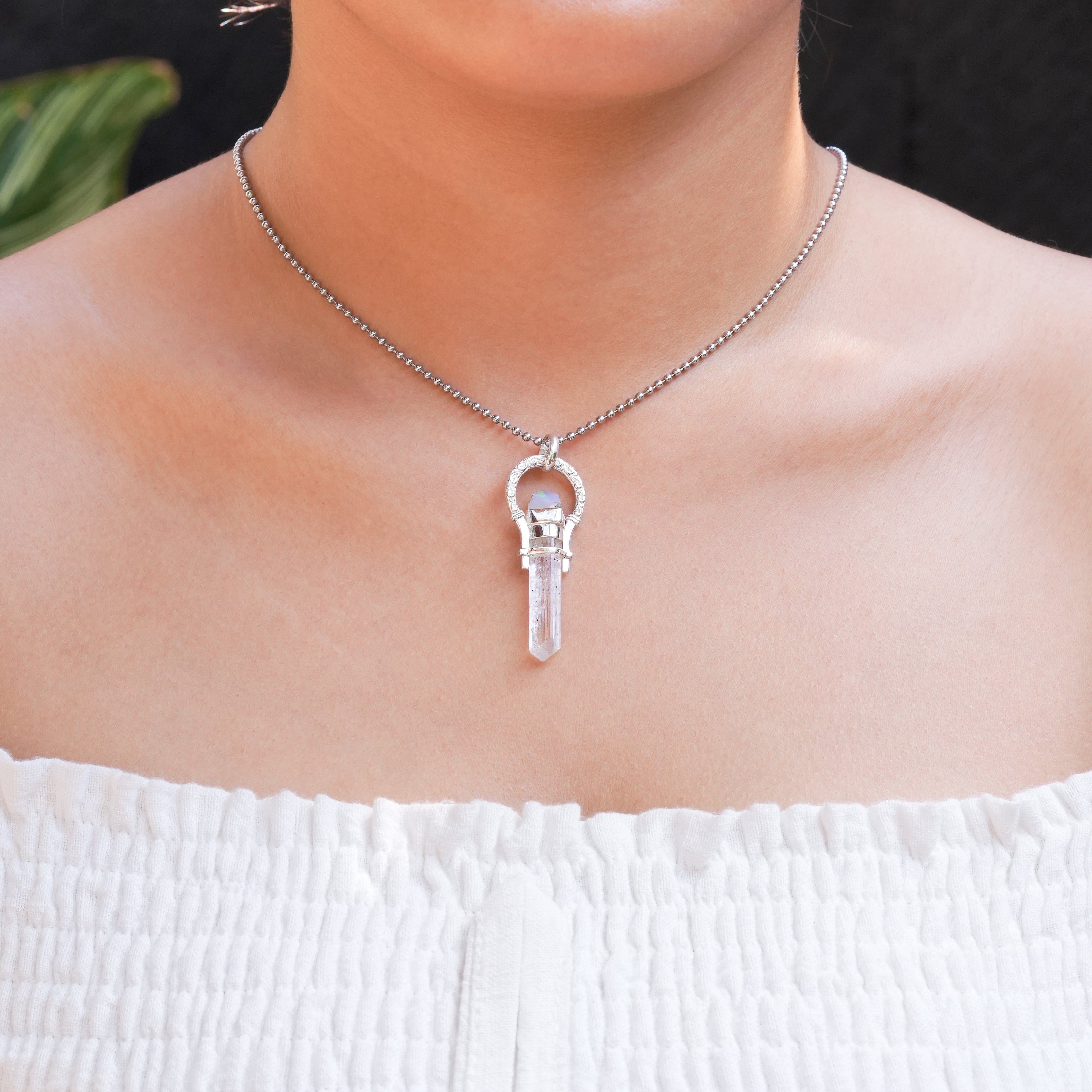 Starborn Danburite Crystal + Ethiopian Opal Horseshoe Pendant in Sterling Silver
