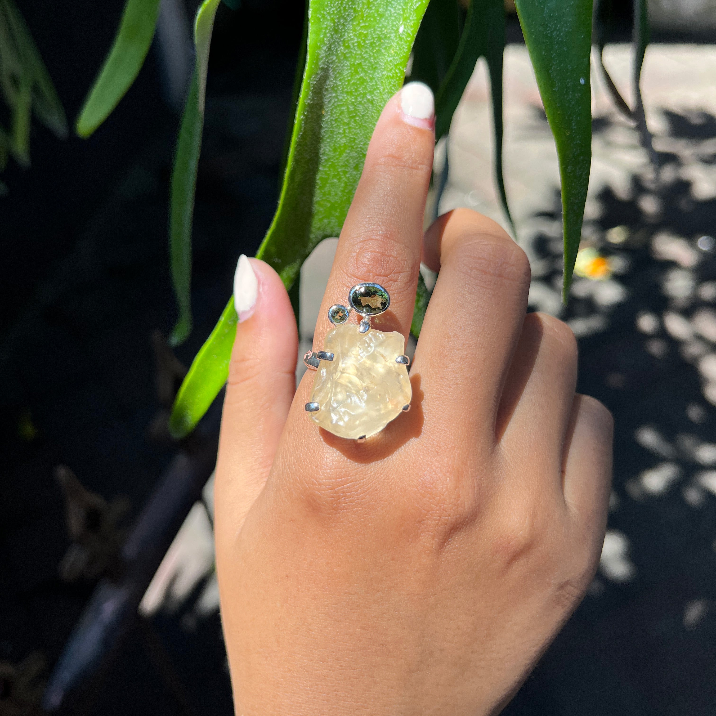 Starborn Natural Libyan Desert Tektite Ring with Moldavite Accents in Sterling Silver - Size 7