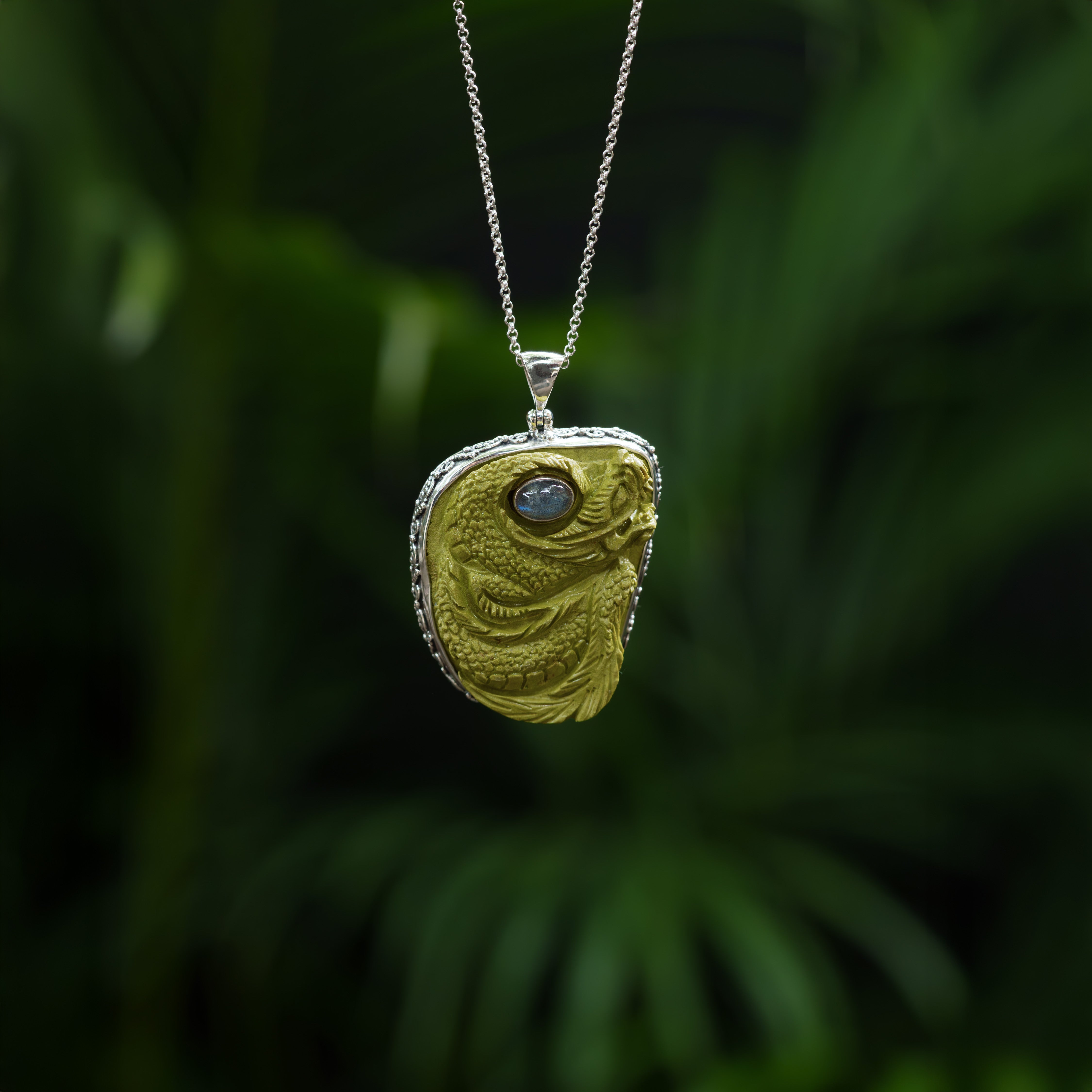 Starborn  Nontronite Dragon Carving with Labradorite Accent Pendant in Sterling Silver