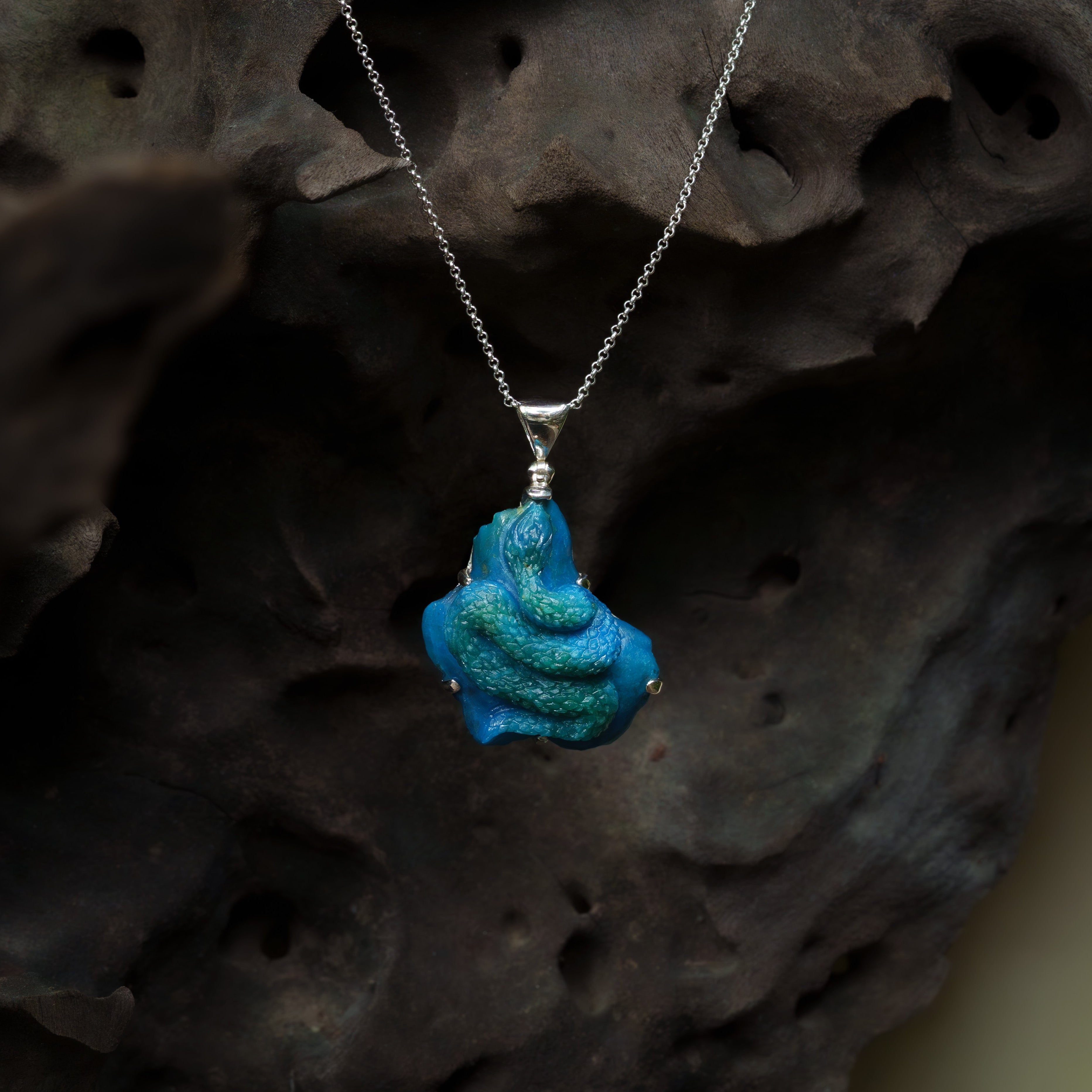 Starborn Hand-Carved Peruvian Blue Opal Snake Carving Pendant in Sterling Silver