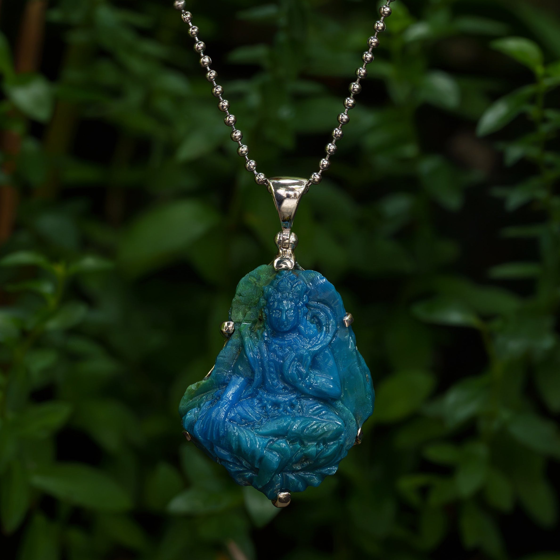 Starborn Peruvian Blue Opal Hand Carved Tara Goddess Pendant in Sterling Silver 