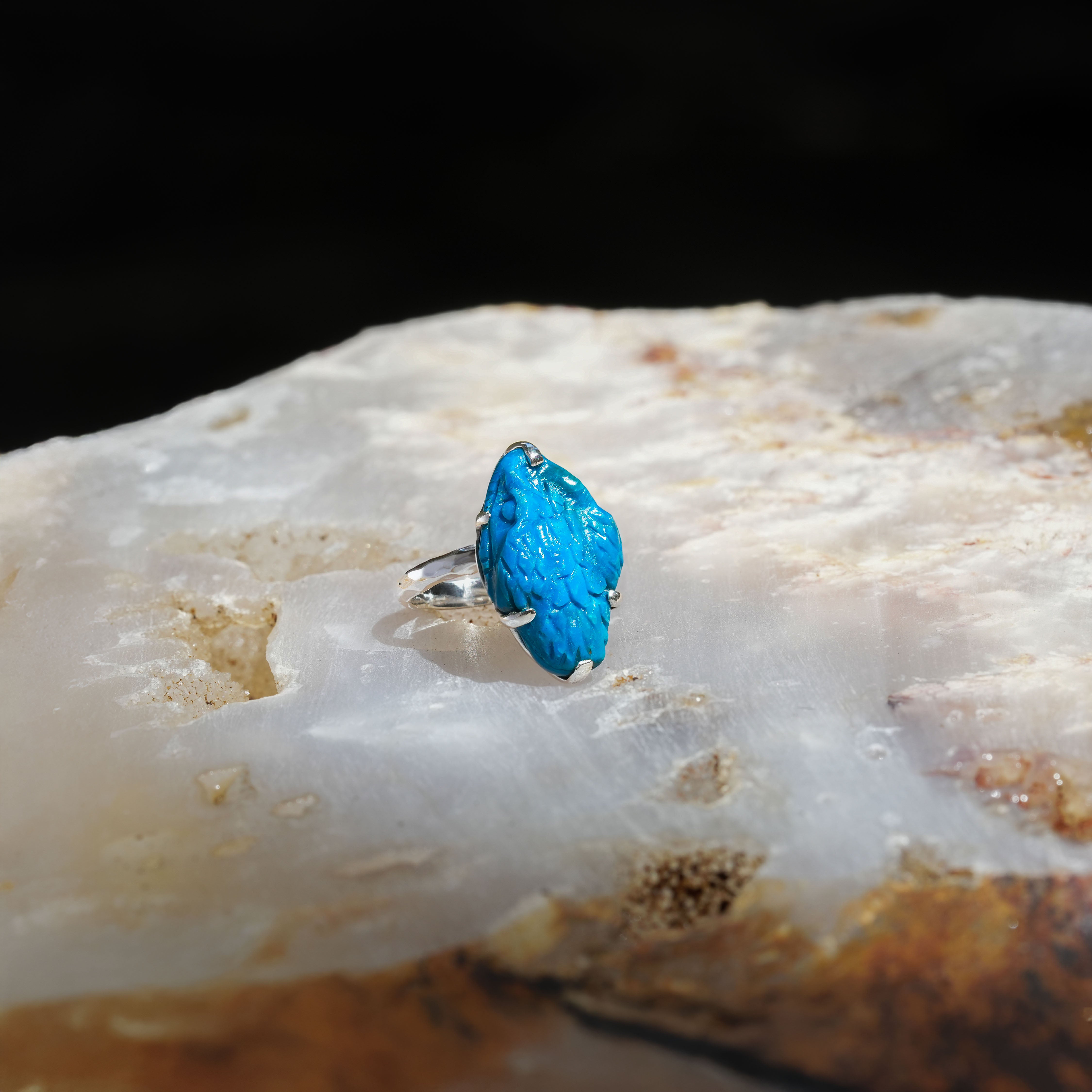 Starborn Hand-Carved Peruvian Blue Opal Snake Head Ring in Sterling Silver - Size 6