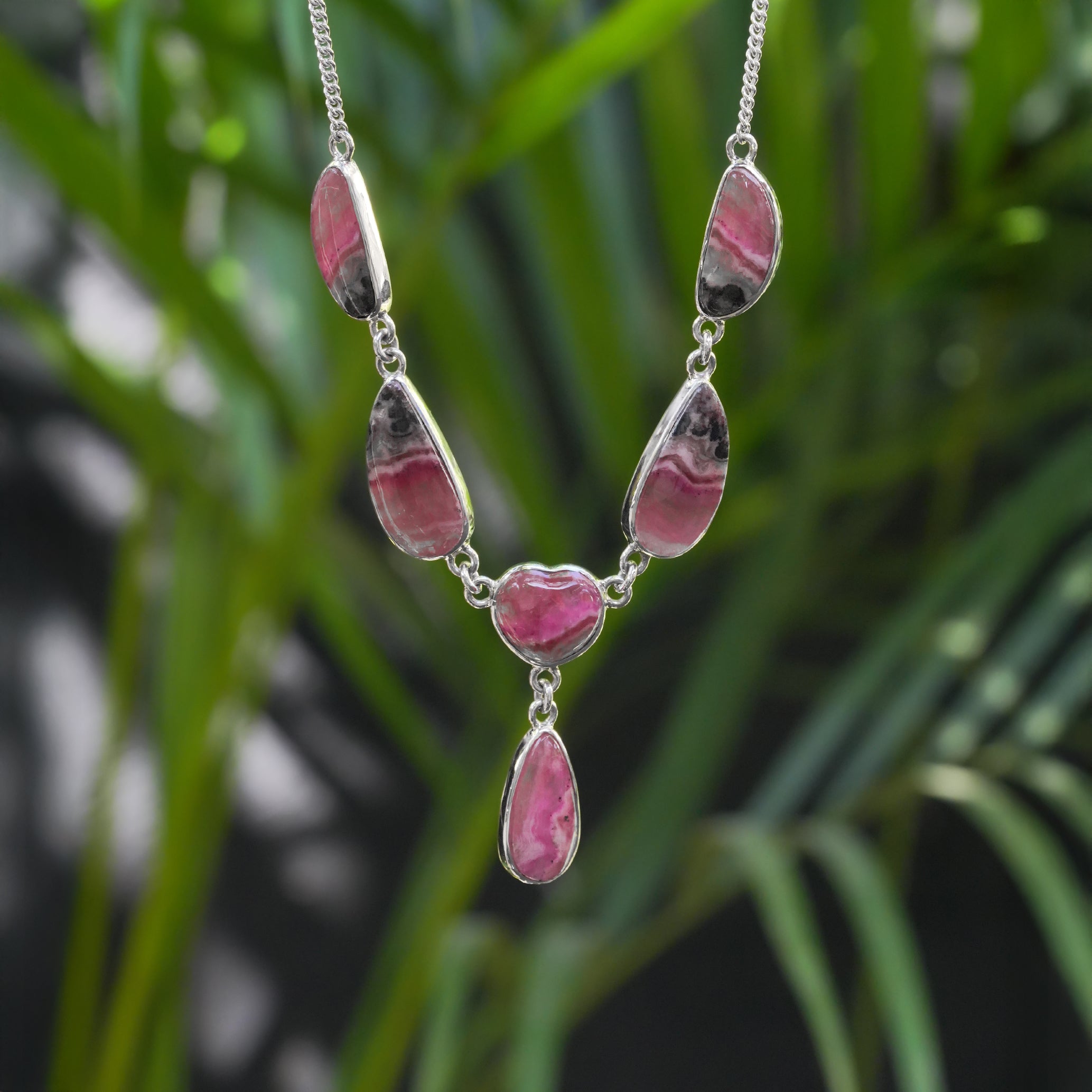 Starborn Pink Cobalto Calcite Cabochon Adjustable Necklace with 6 Hand-Selected Gems in Sterling Silver