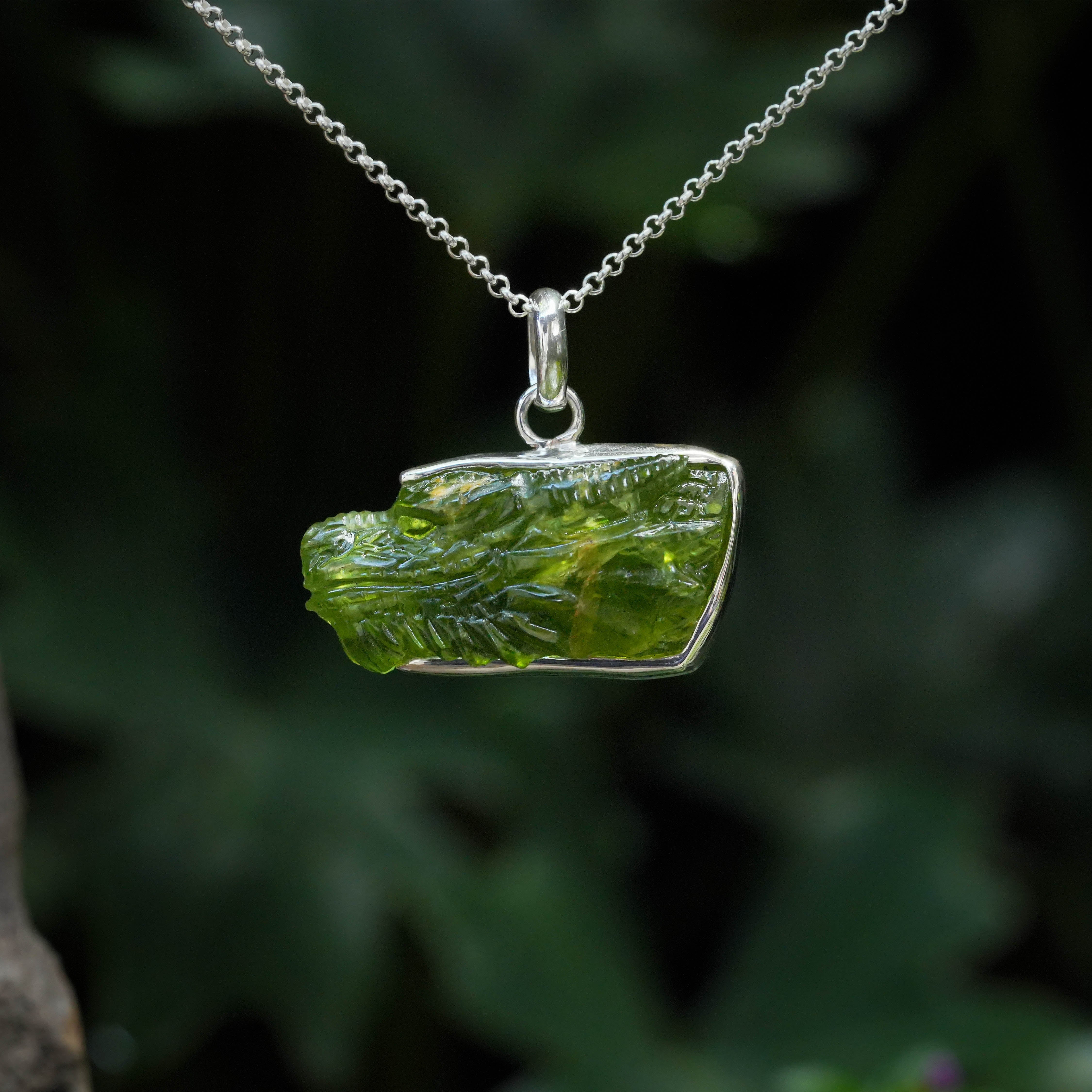 Starborn Hand-Carved Arizona Peridot Dragon Head Pendant in Sterling SIlver