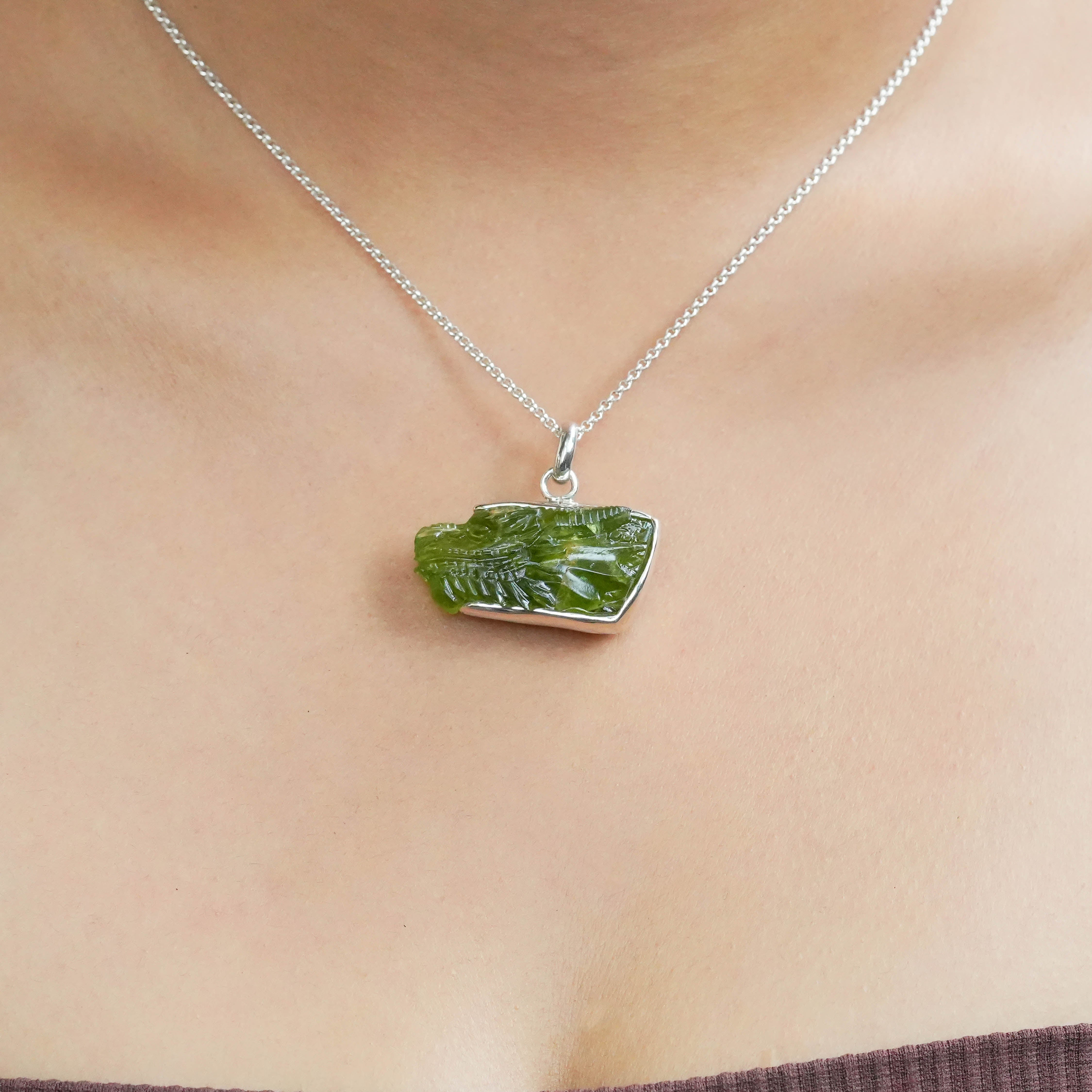 Starborn Hand-Carved Arizona Peridot Dragon Head Pendant in Sterling SIlver