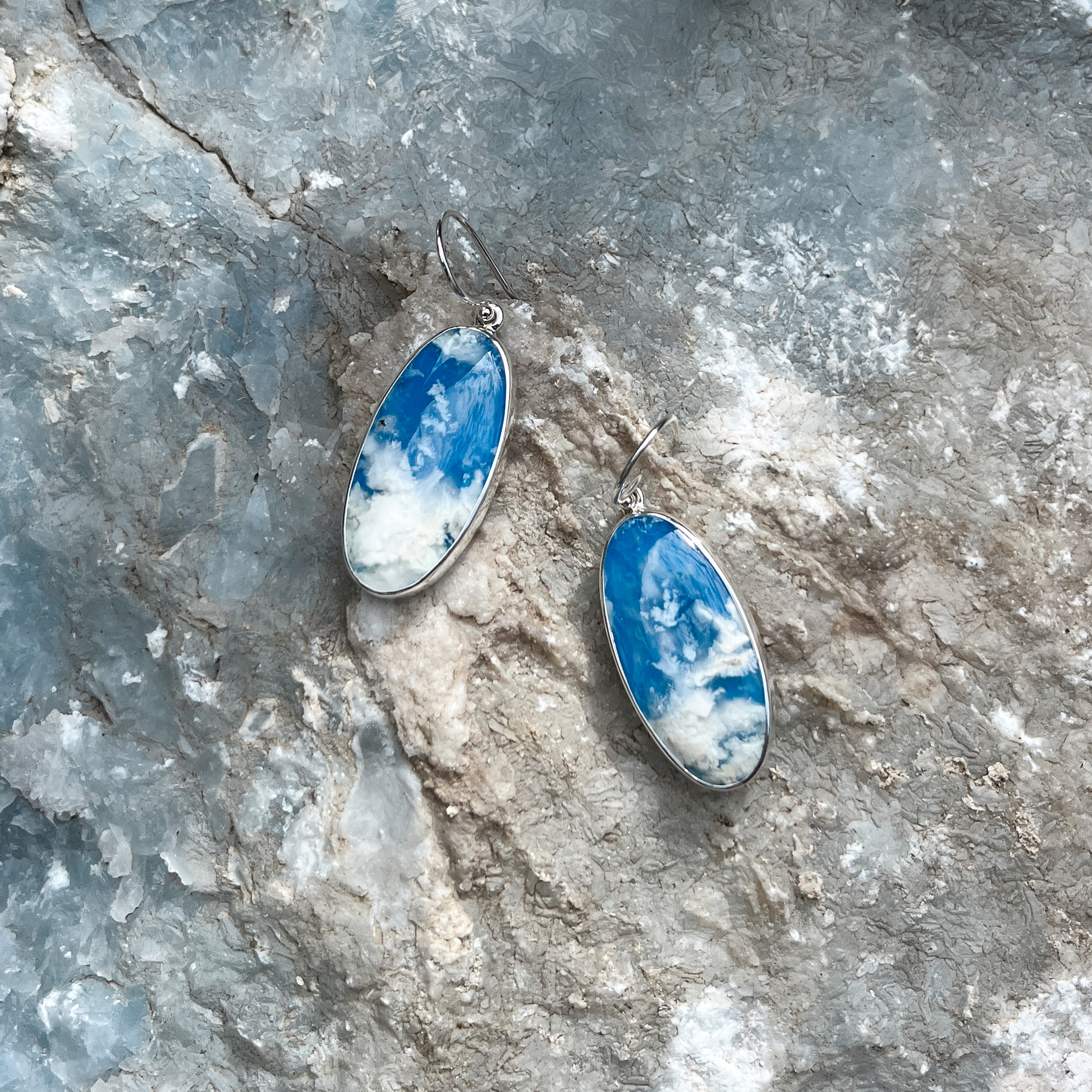 Starborn Sky Plume Agate Dangle Earrings in Fine Sterling Silver