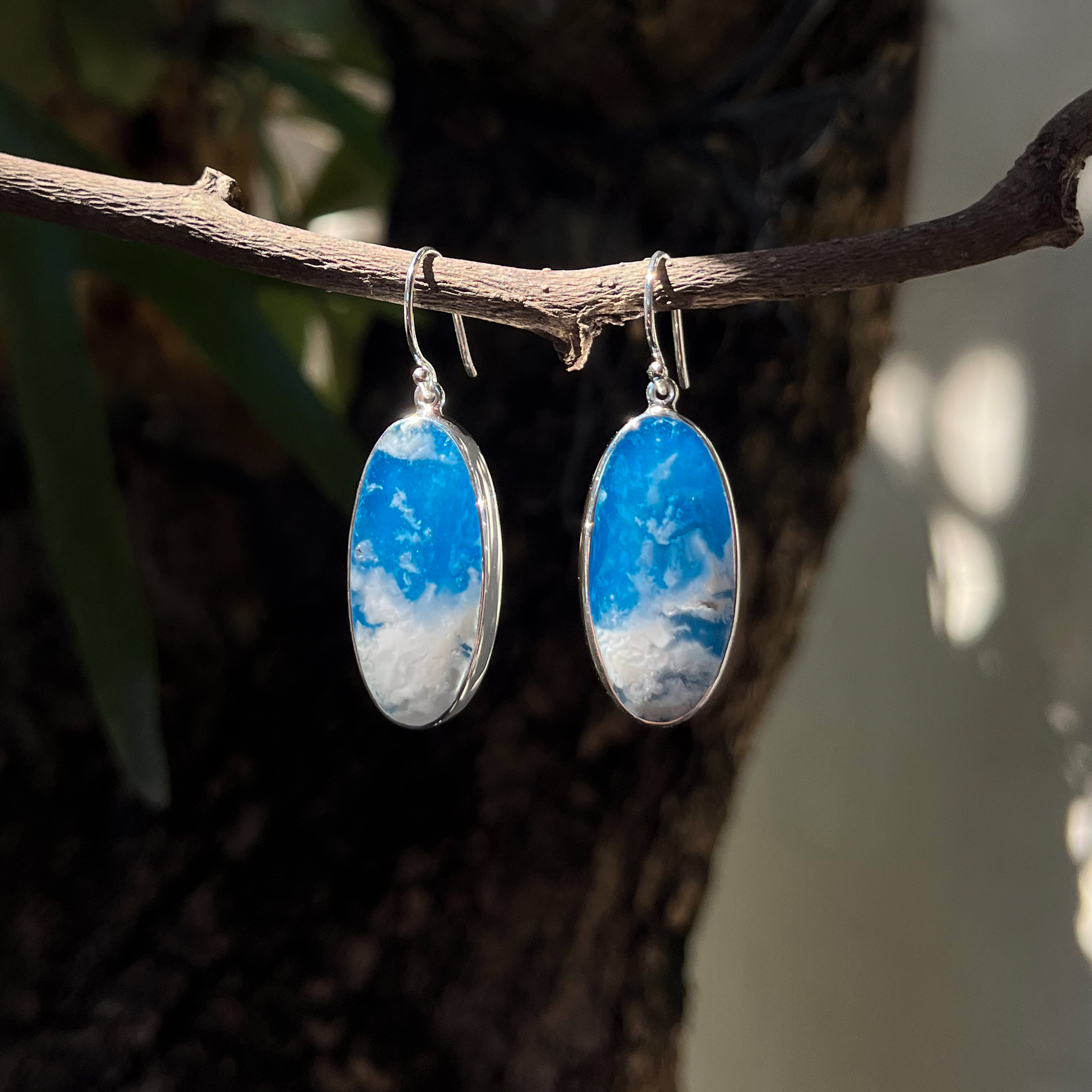 Starborn Sky Plume Agate Dangle Earrings in Fine Sterling Silver