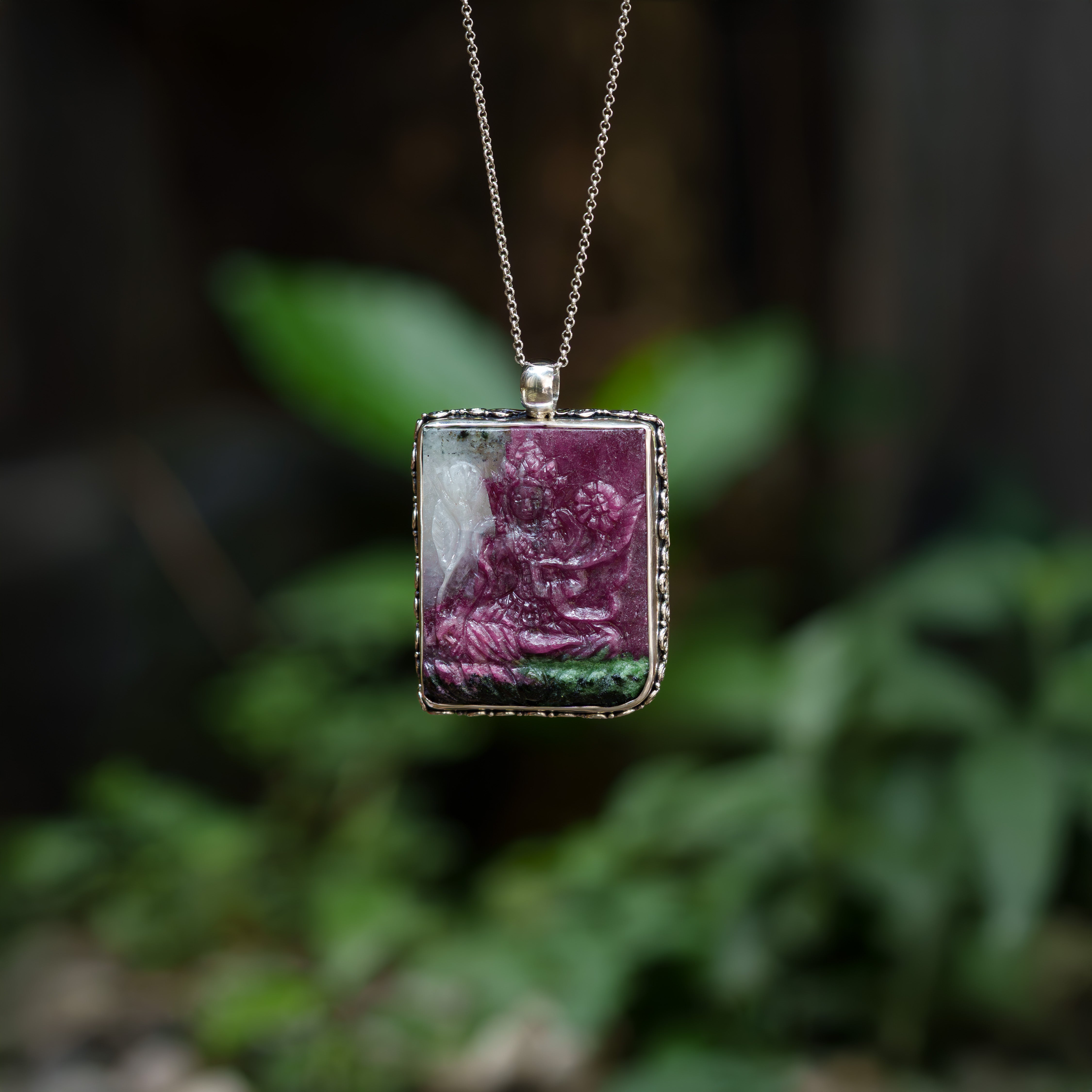 Starborn Ruby Zoisite Tara Goddess Carving Pendant in Sterling Silver