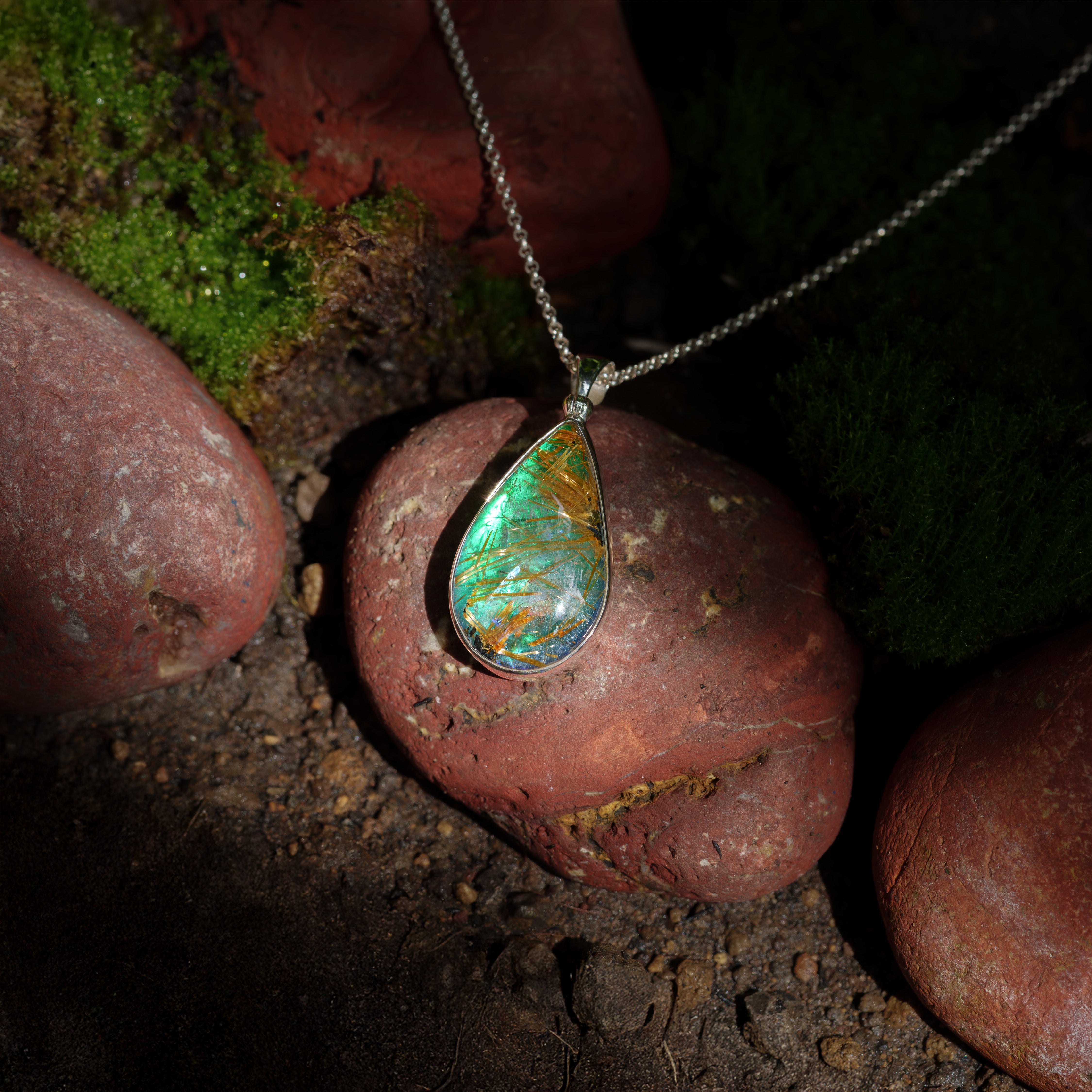 Starborn Rutilated Quartz Aura Triplet Pear Pendant in Fine Sterling Silver - 1 Piece