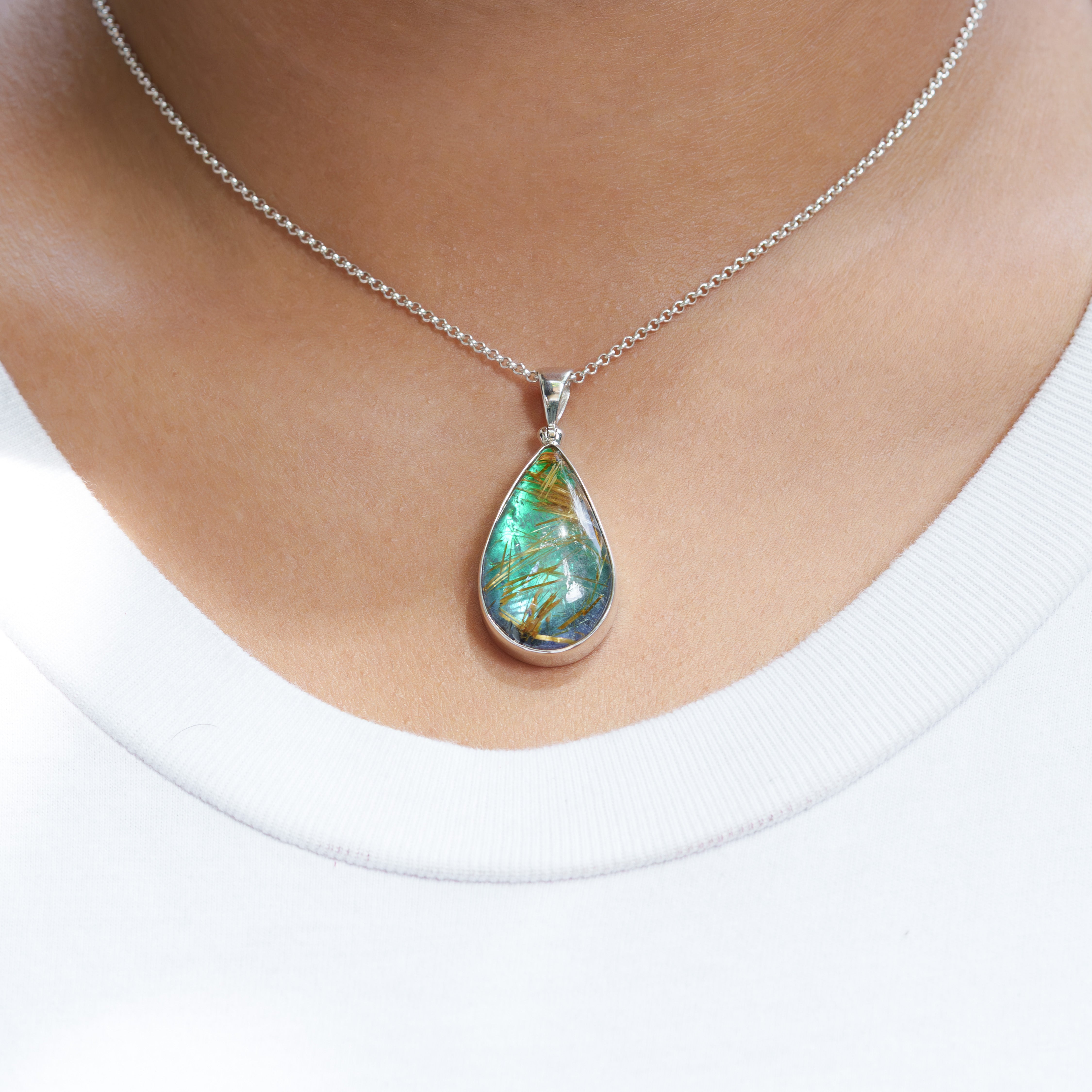 Starborn Rutilated Quartz Aura Triplet Pear Pendant in Fine Sterling Silver - 1 Piece