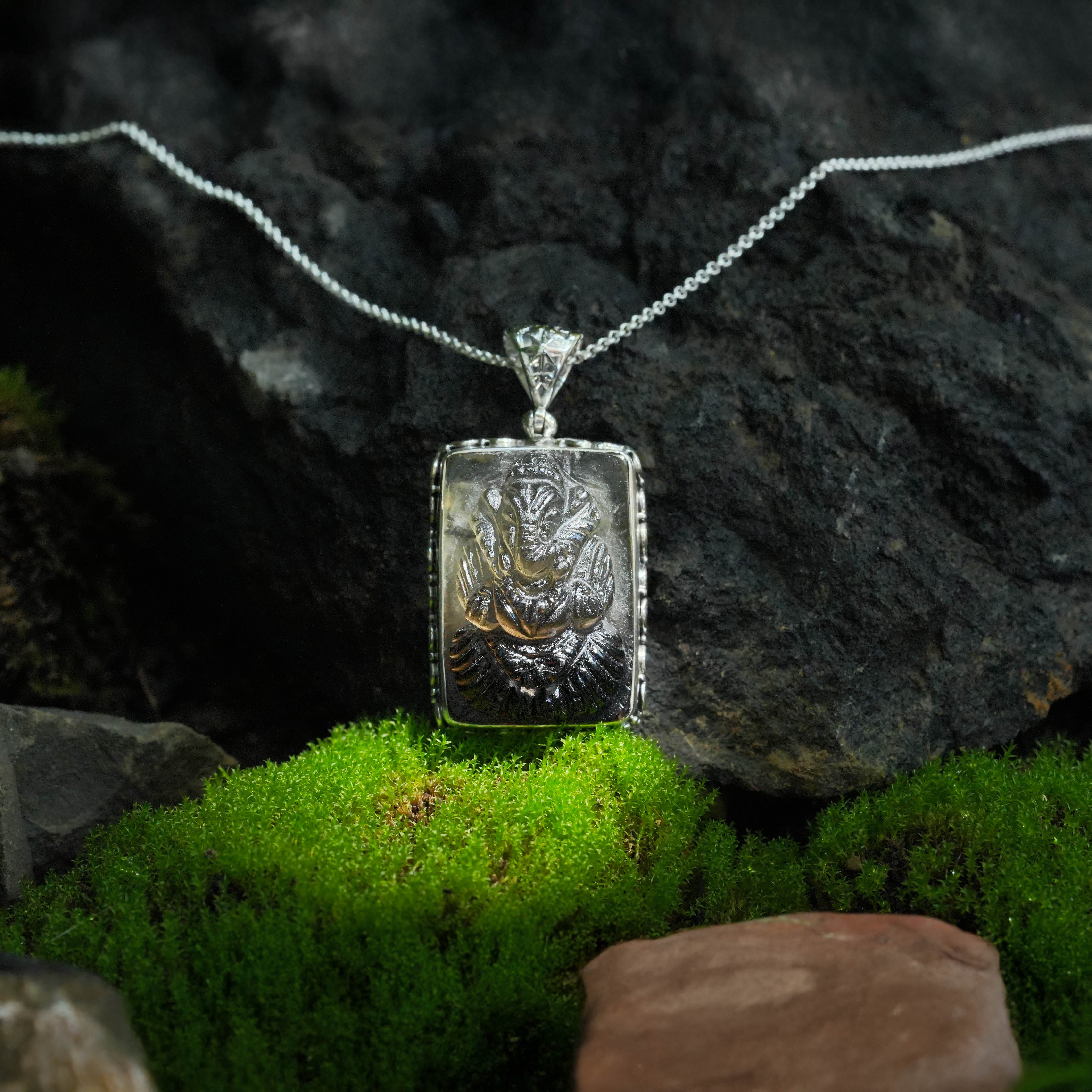 Starborn Hand-Carved Smokey Quartz Ganesha Carving Pendant in Sterling Silver 1.95" Tall - 1 piece