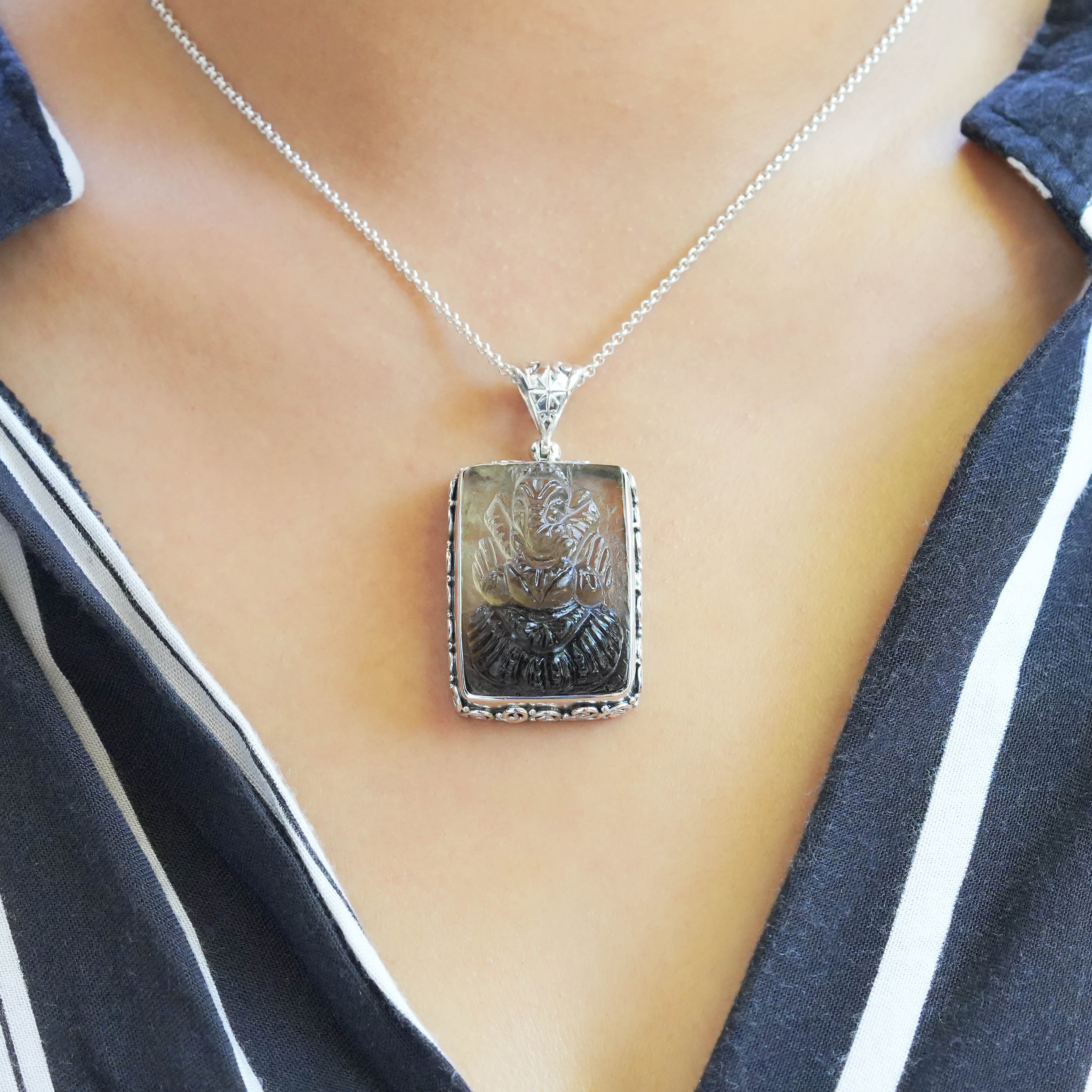 Starborn Hand-Carved Smokey Quartz Ganesha Carving Pendant in Sterling Silver 1.95" Tall - 1 piece